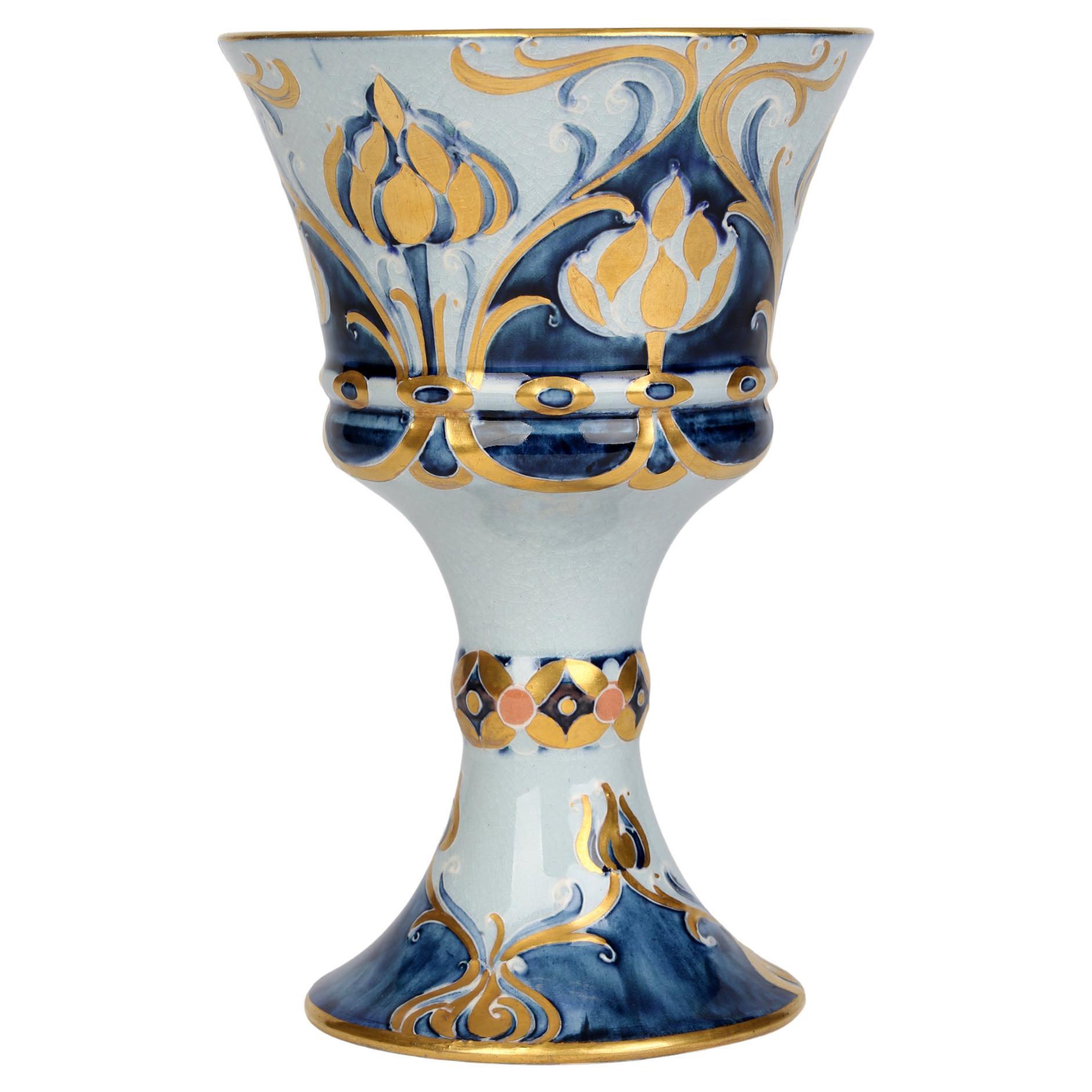 William Moorcroft Macintyre Art Nouveau Blue Dahlia Pattern Goblet For Sale