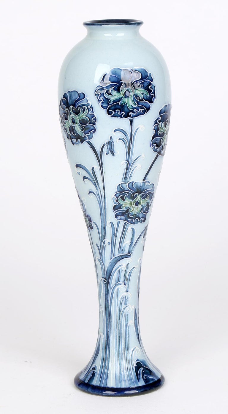 William Moorcroft MacIntyre Art Nouveau Elegant Blue Carnation Pottery Vase For Sale at 1stDibs