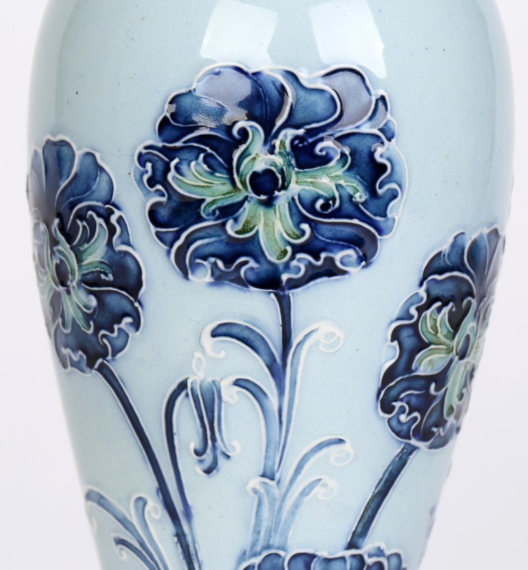 William Moorcroft MacIntyre Art Nouveau Elegant Blue Carnation Pottery Vase For Sale at 1stDibs