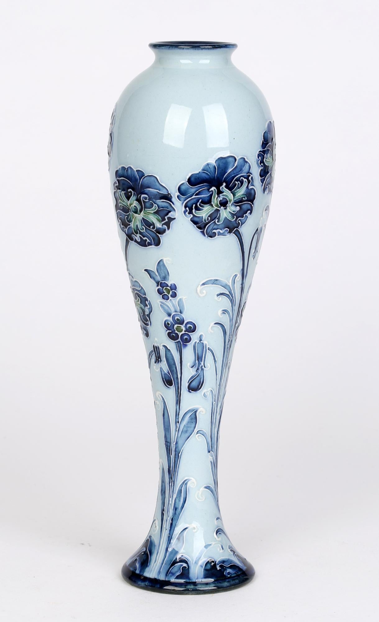 William Moorcroft MacIntyre Art Nouveau Elegant Blue Carnation Pottery Vase In Good Condition In Bishop's Stortford, Hertfordshire