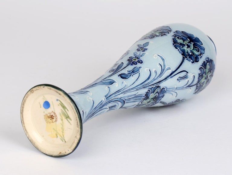 William Moorcroft MacIntyre Art Nouveau Elegant Blue Carnation Pottery Vase For Sale at 1stDibs