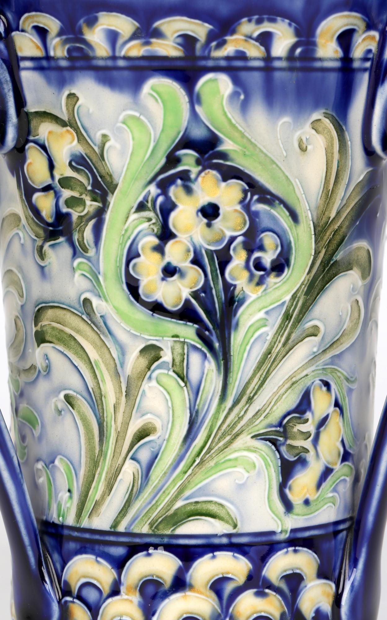 Glazed William Moorcroft MacIntyre Art Nouveau Tube Lined Florian Ware Loving Cup For Sale