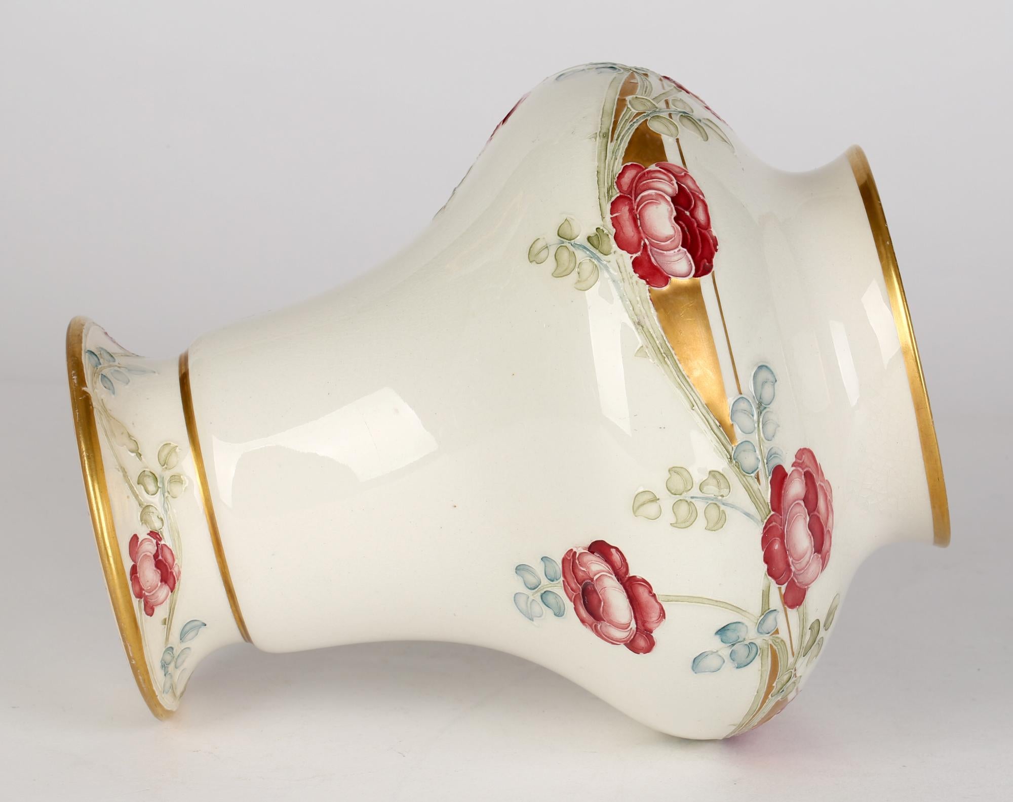 William Moorcroft MacIntyre Art Nouveau Tube Lined Rose Pattern Vase In Good Condition In Bishop's Stortford, Hertfordshire