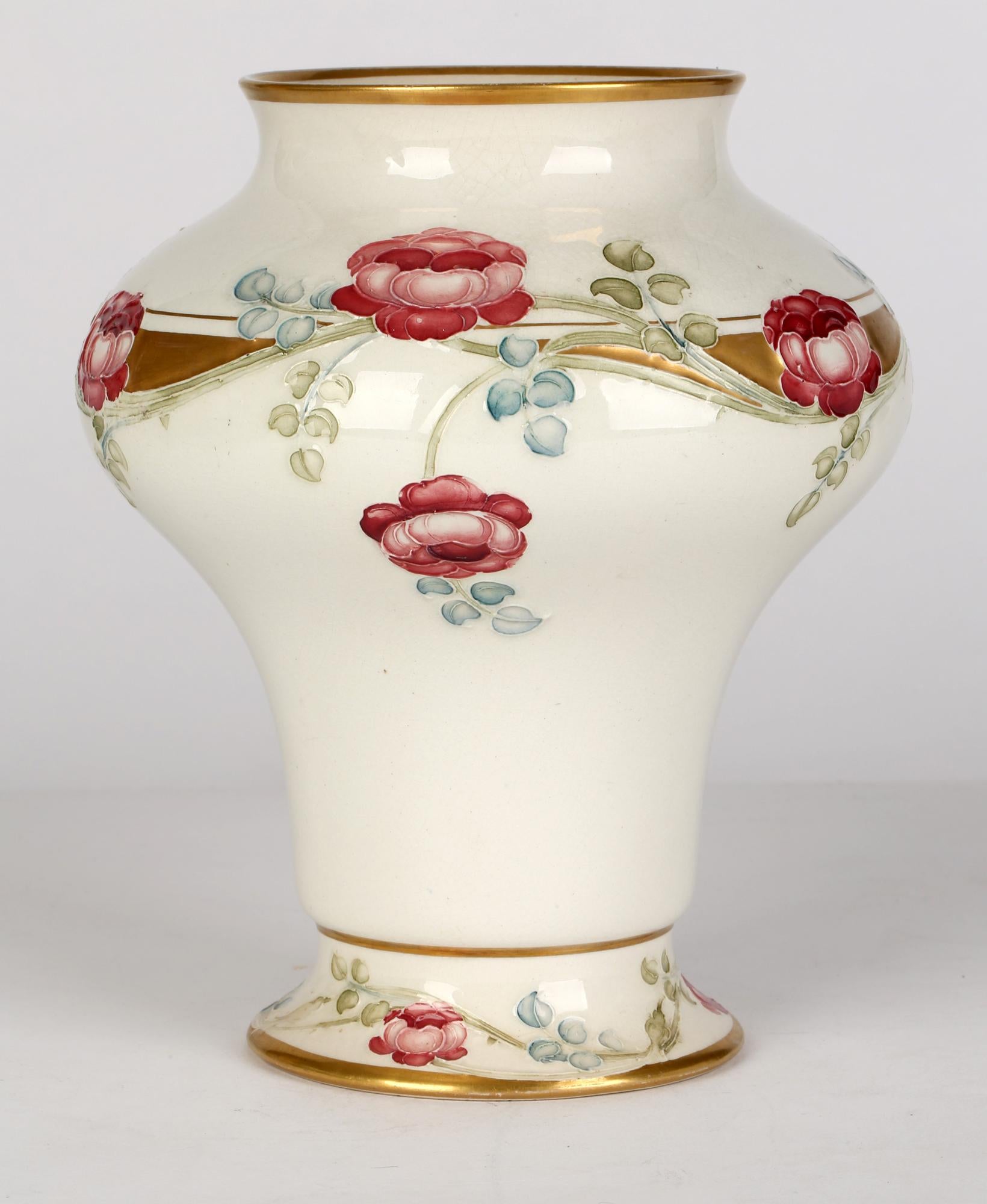 Early 20th Century William Moorcroft MacIntyre Art Nouveau Tube Lined Rose Pattern Vase