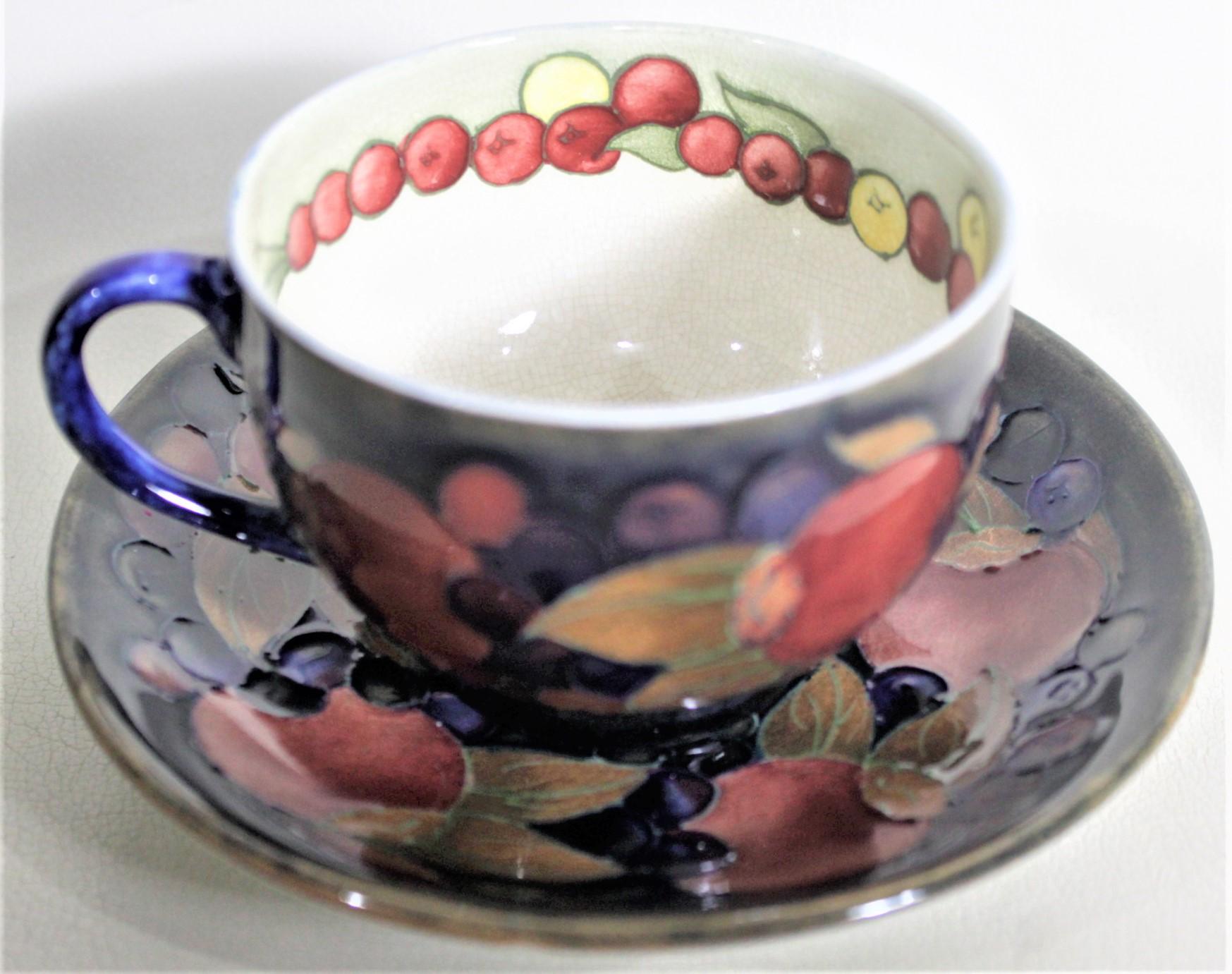 Art déco William Moorcroft Art Pottery Pomegranate Patterned Teacup & Saucer Set #1 of 4 en vente