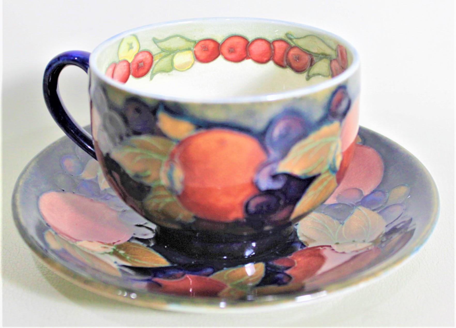 Art Deco William Moorcroft Pomegranate Patterned Art Pottery Teacup & Saucer Set #1 of 4 For Sale
