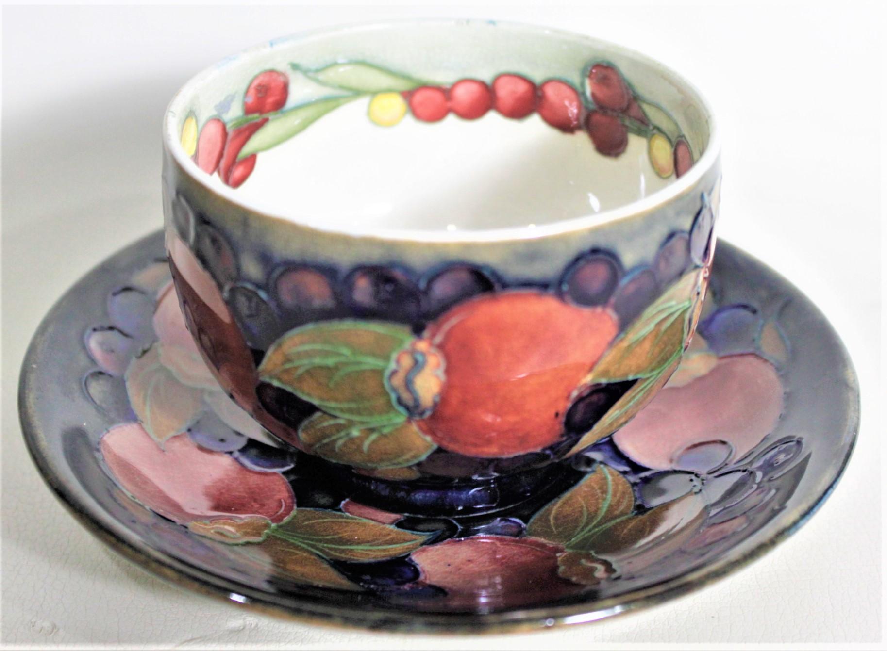 William Moorcroft Pomegranate Patterned Art Pottery Teacup & Saucer Set #1 of 4 In Good Condition For Sale In Hamilton, Ontario