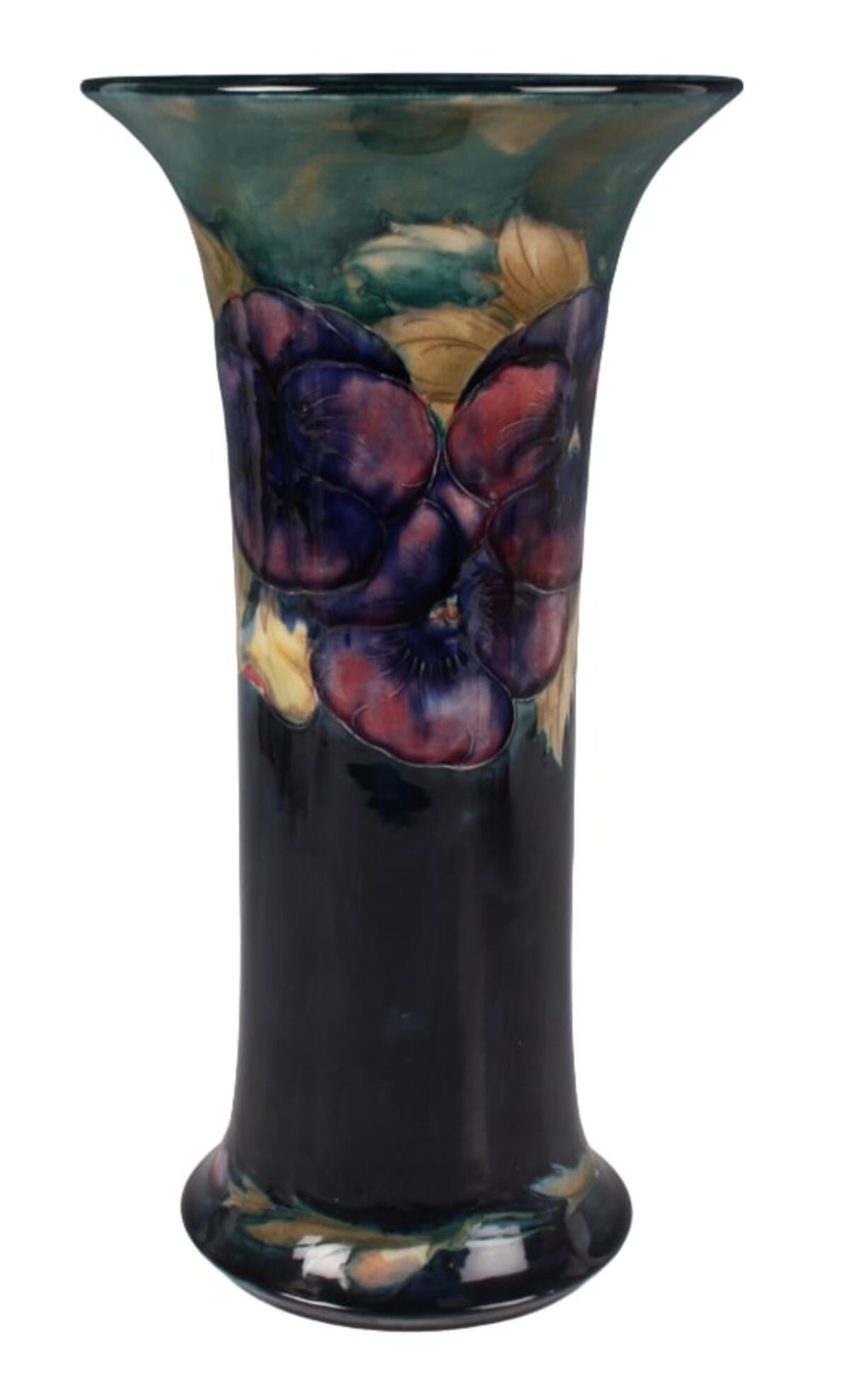 Art Deco William Moorcroft Pottery Pansy pattern vase, circa 1920 For Sale