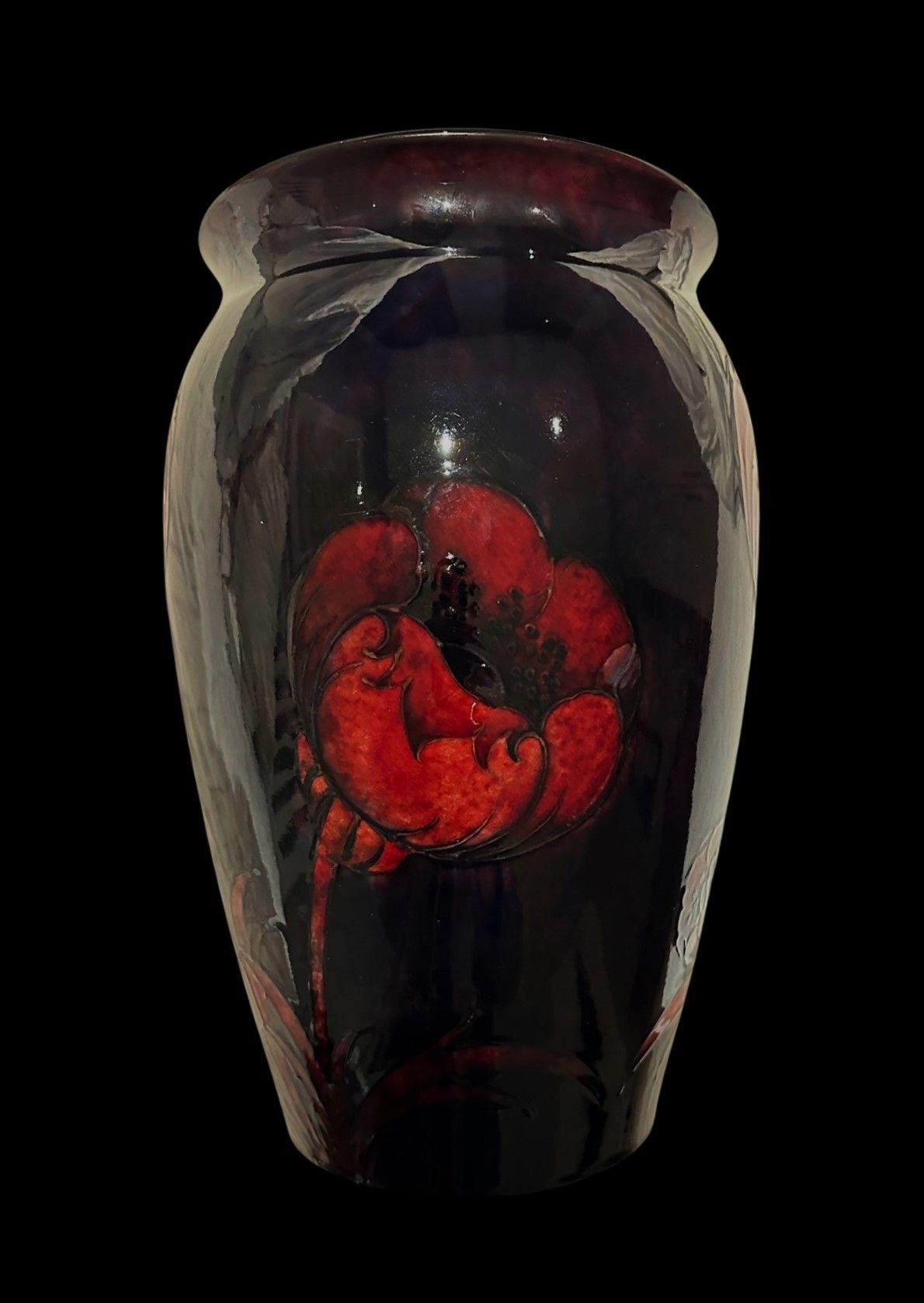 5458
William Moorcroft, a Large, Impressive, yet understated Vase decorated with 5 “Big Poppies” in a Rich Flambe Glaze
31cm high, 20 cm wide
Circa 1925