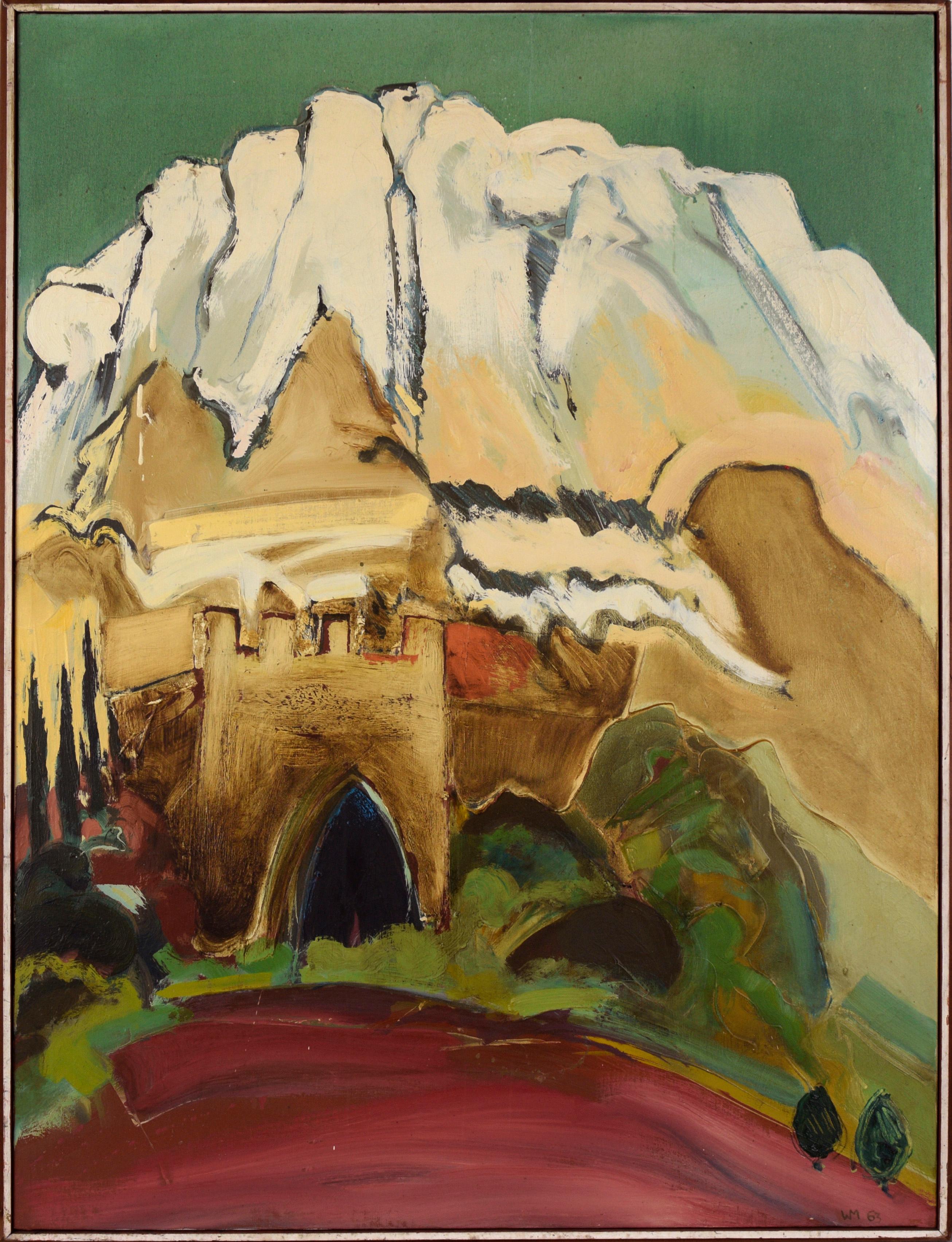 William Morehouse Landscape Painting - "Montserrat with Gothic Arch" Mid Century Modern Landscape in Oil on Canvas