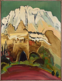 "Montserrat with Gothic Arch" Mid Century Modern Landscape in Oil on Canvas