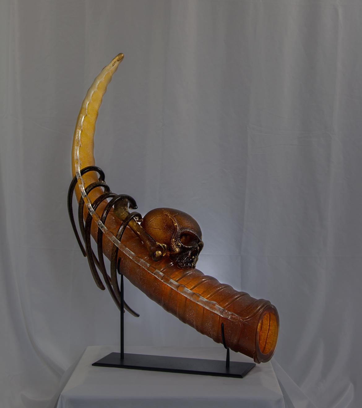 William Morris Figurative Sculpture - Tusk with Scull.  Contemporary blown glass sculpture