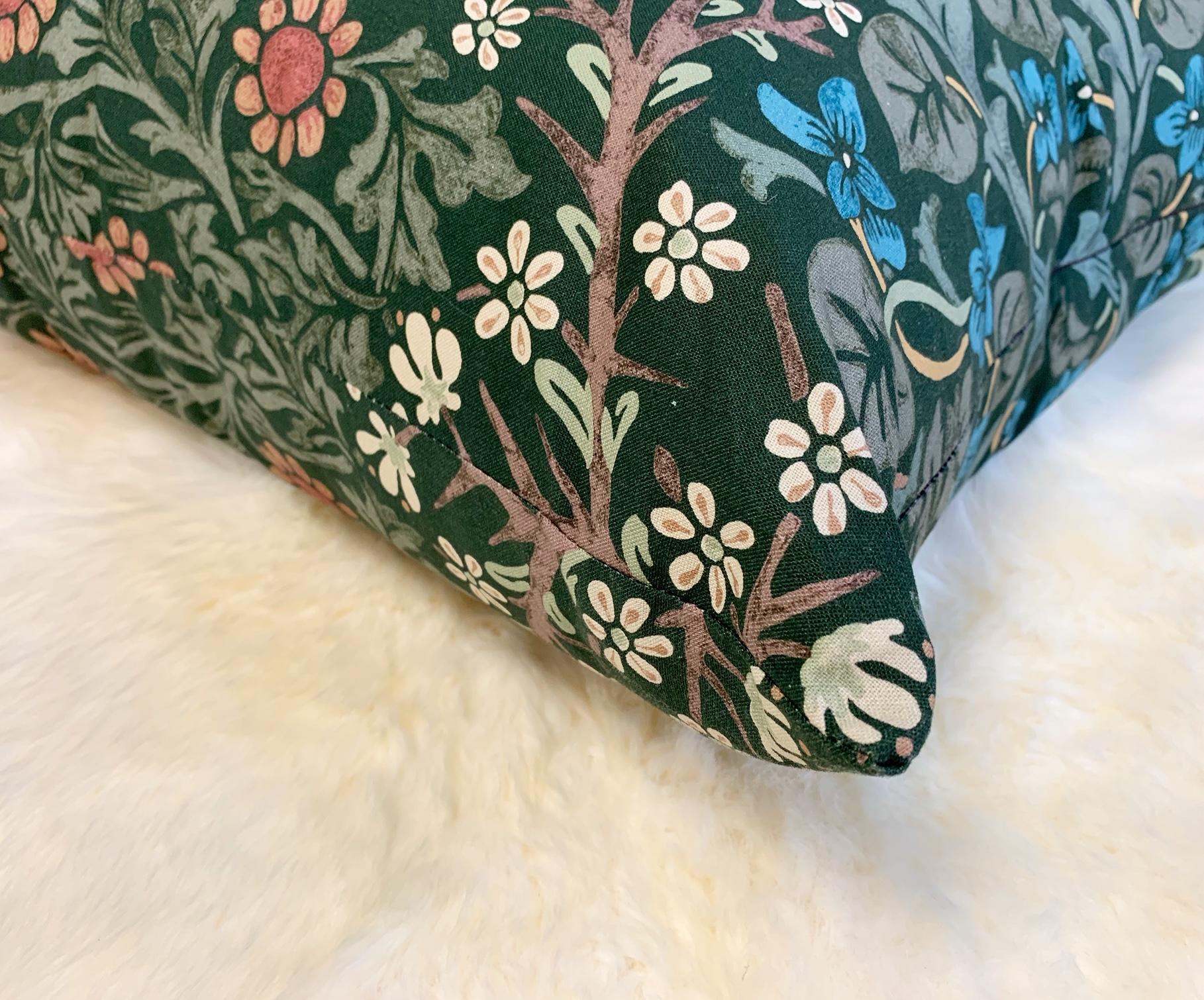 Beautiful pillow crafted in our Saint Louis studio. William Morris Blackthorn is a lovely dark green floral. We adore it! Down feather insert included.