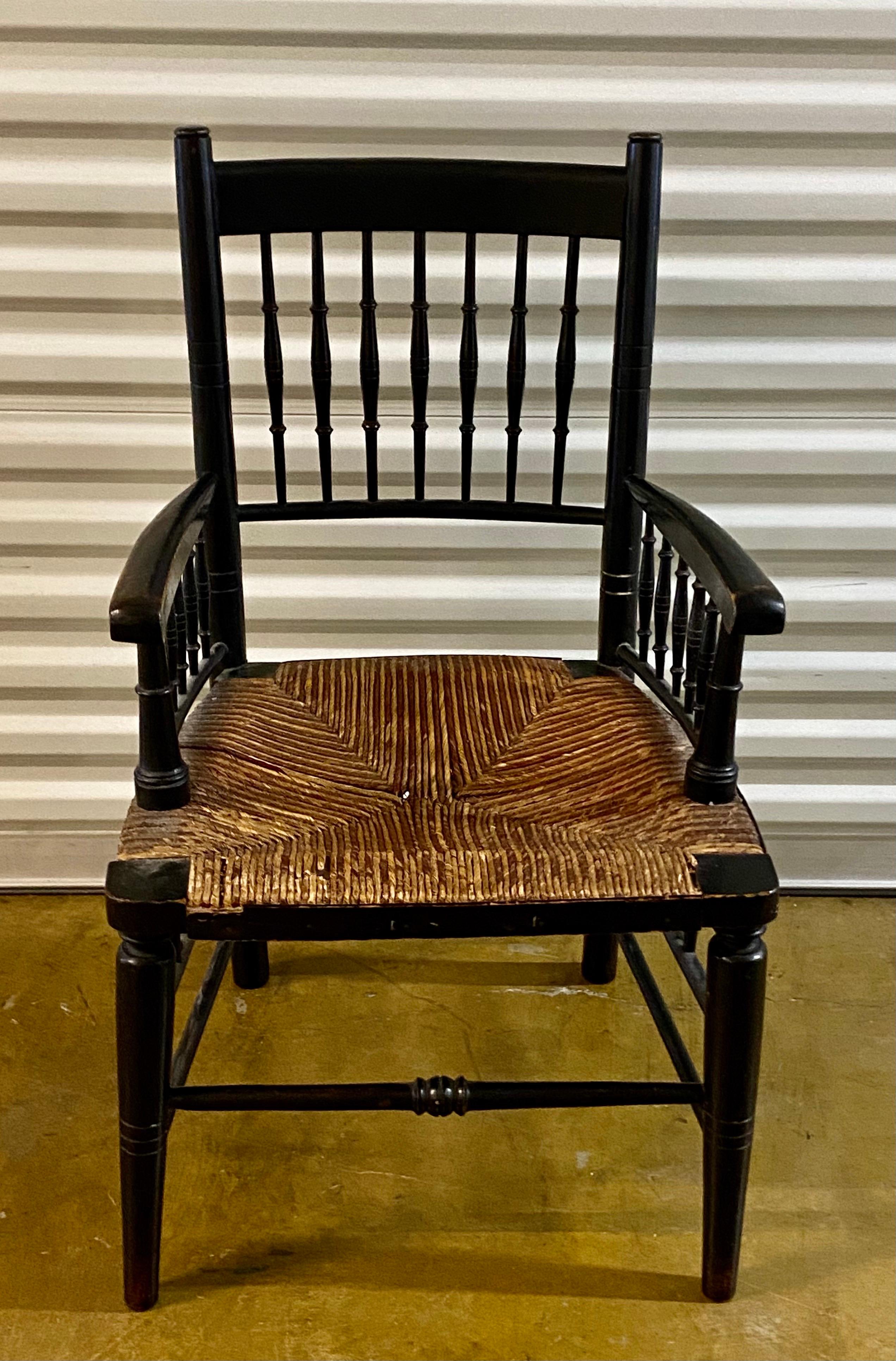 A Sussex armchair designed by either Ford Maddox Brown or Philip Webb, circa 1860 and made by Morris & Co circa 1875.
The turned wood frame is solid beech and the seat woven rush.
An original Arts and Crafts piece designed by one of the founding