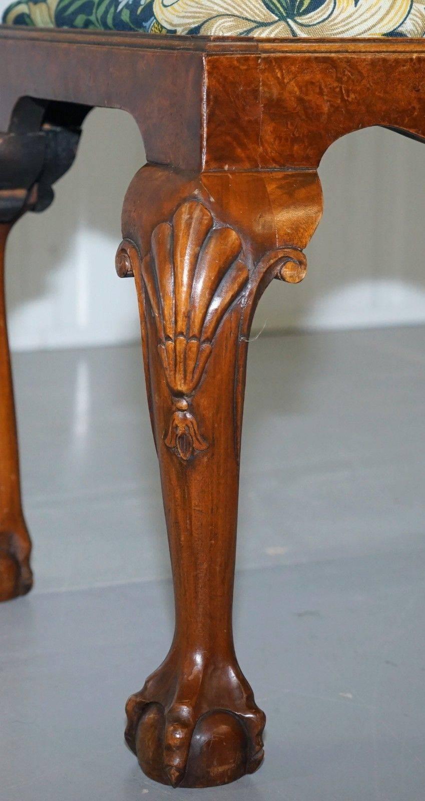 William Morris Georgian Irish Style Claw & Ball Walnut Wingback Armchair & Stool 2