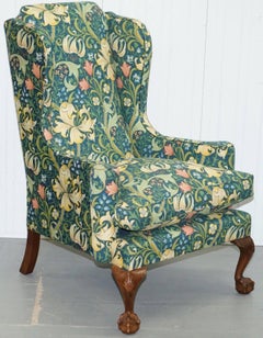 William Morris Georgian Irish Style Claw & Ball Walnut Wingback Armchair & Stool