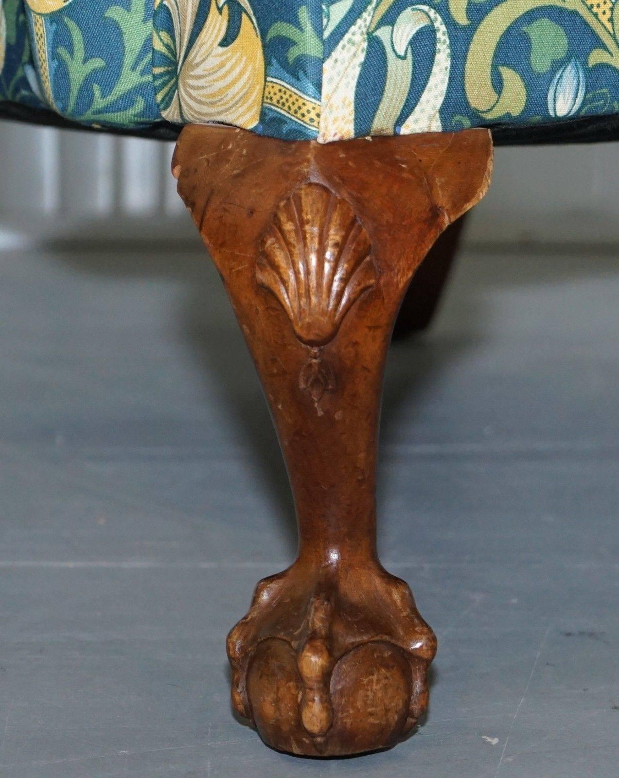 British William Morris Georgian Irish Style Claw & Ball Walnut Wingback Armchair & Stool