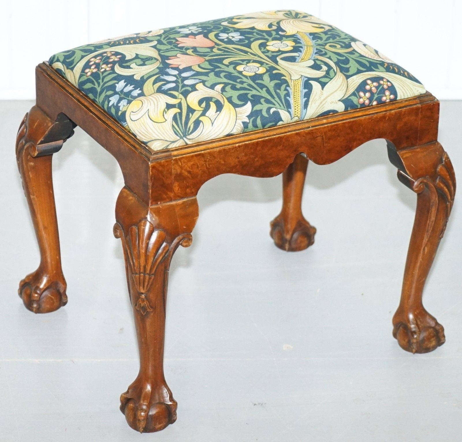 Fabric William Morris Georgian Irish Style Claw & Ball Walnut Wingback Armchair & Stool