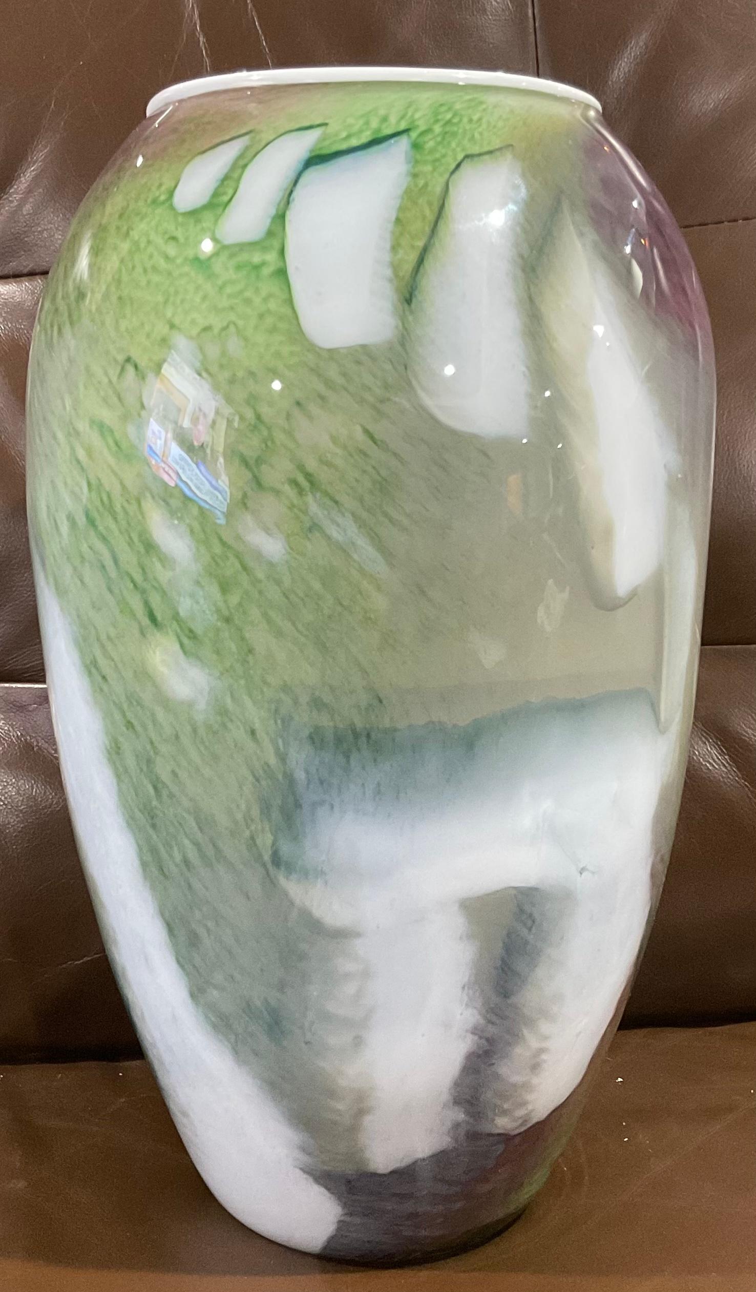 Amazing 2 sided extremely scenic hand blown studio art glass vase by world renowned artis William Morris. The vase is signed and dated 1985. 

William Morris was first introduced to glass at Pilchuck Glass School, Stanwood, Washington, where he