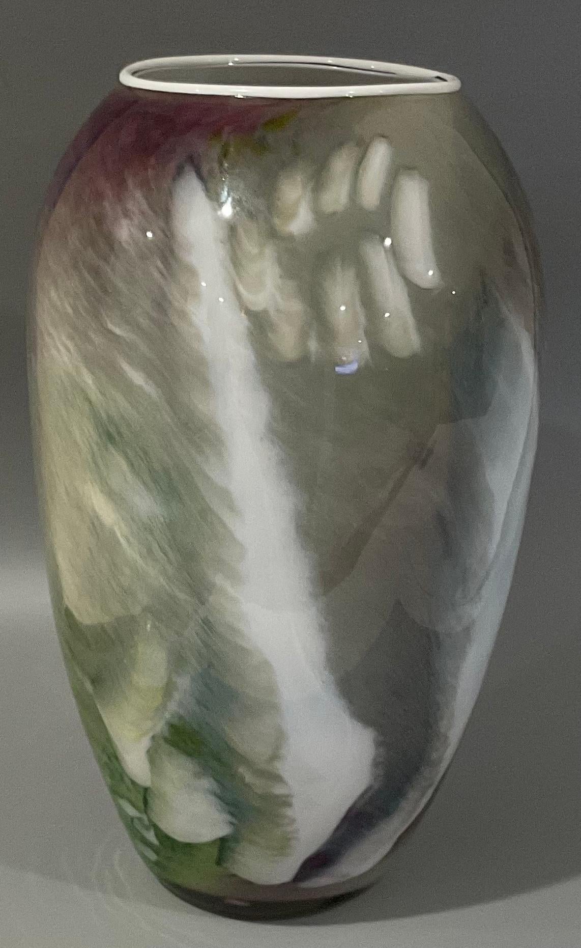 Mid-Century Modern William Morris Hand Blown Signed and Dated Scenic Studio Art Glass Vase, 1985