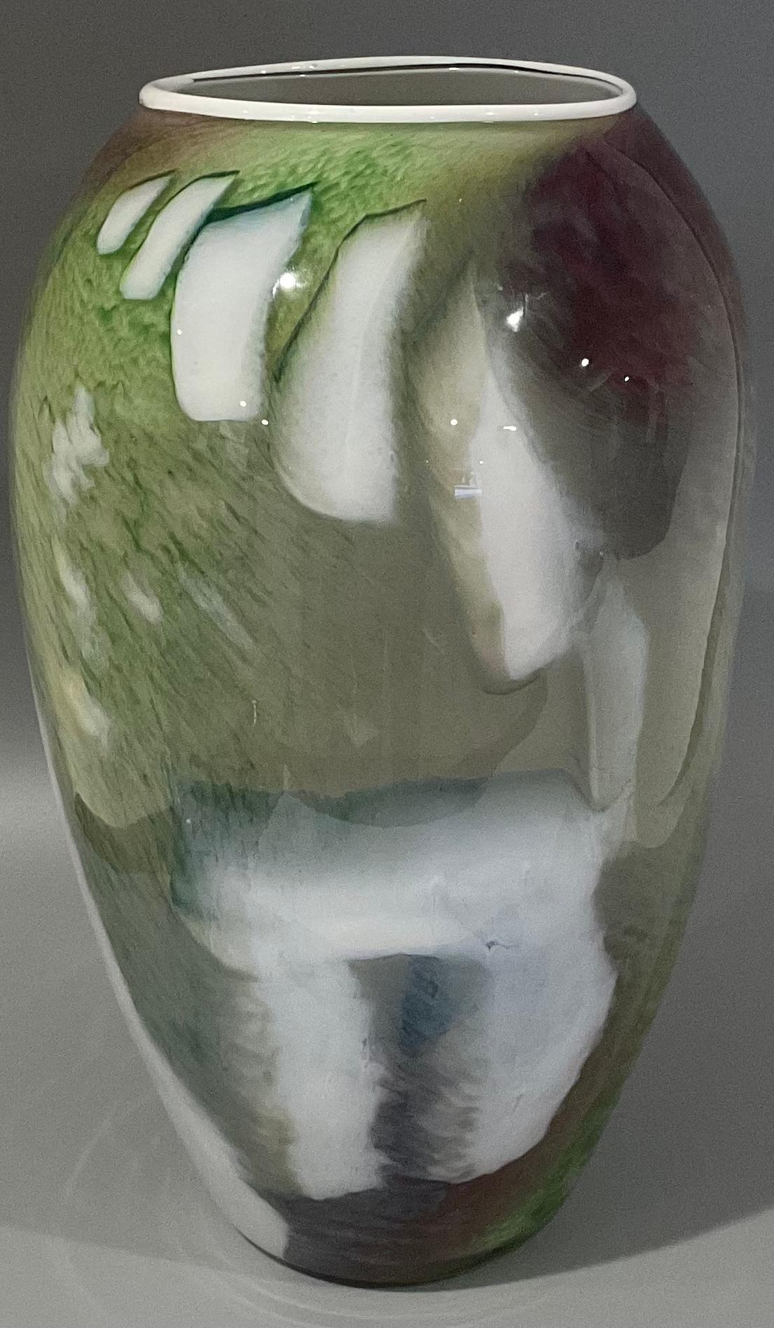American William Morris Hand Blown Signed and Dated Scenic Studio Art Glass Vase, 1985