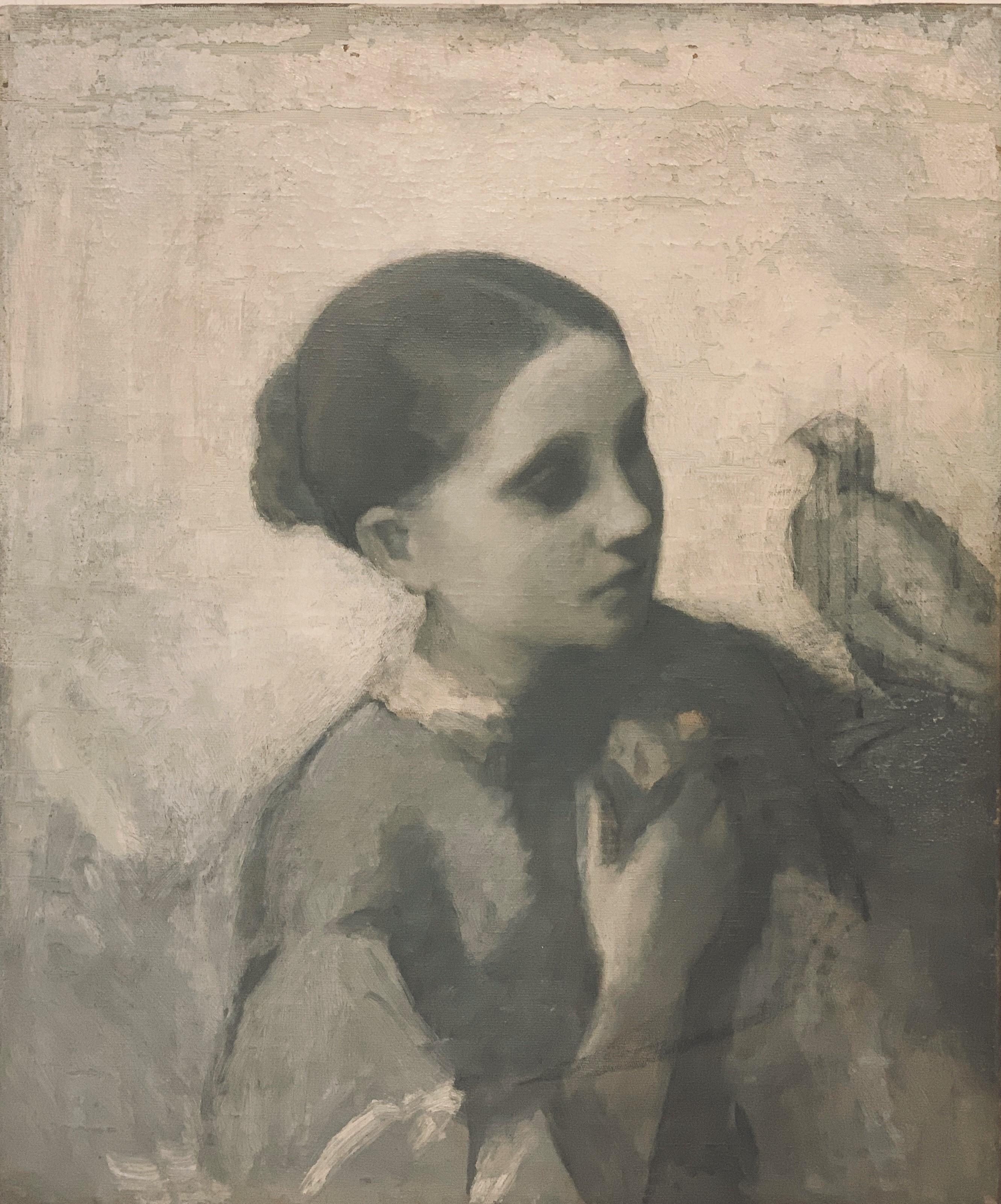 Grisaille Portrait of a Young Woman and a Bird,  Sketch Attrib. to WM Hunt - Painting by William Morris Hunt