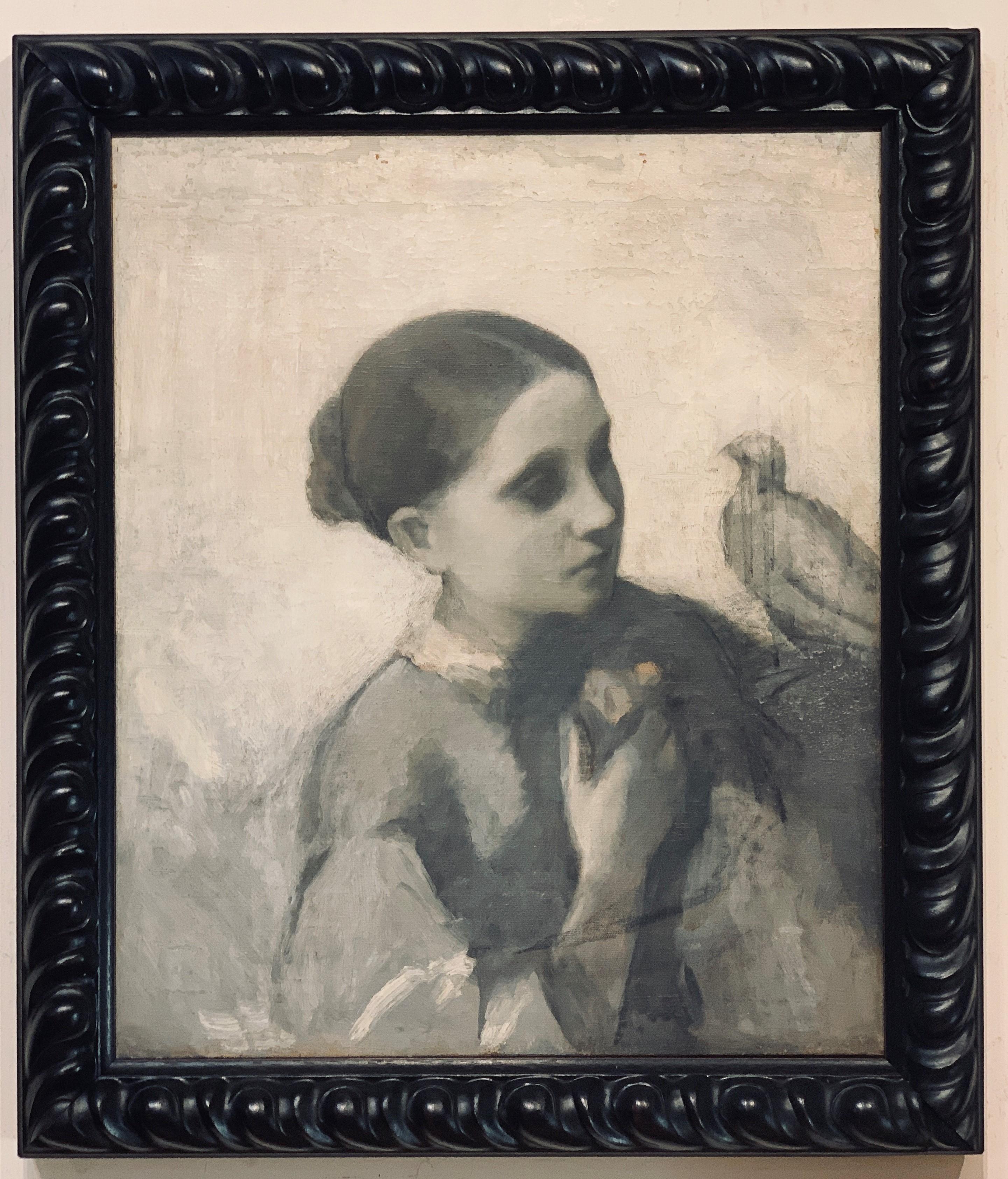 William Morris Hunt Portrait Painting - Grisaille Portrait of a Young Woman and a Bird,  Sketch Attrib. to WM Hunt