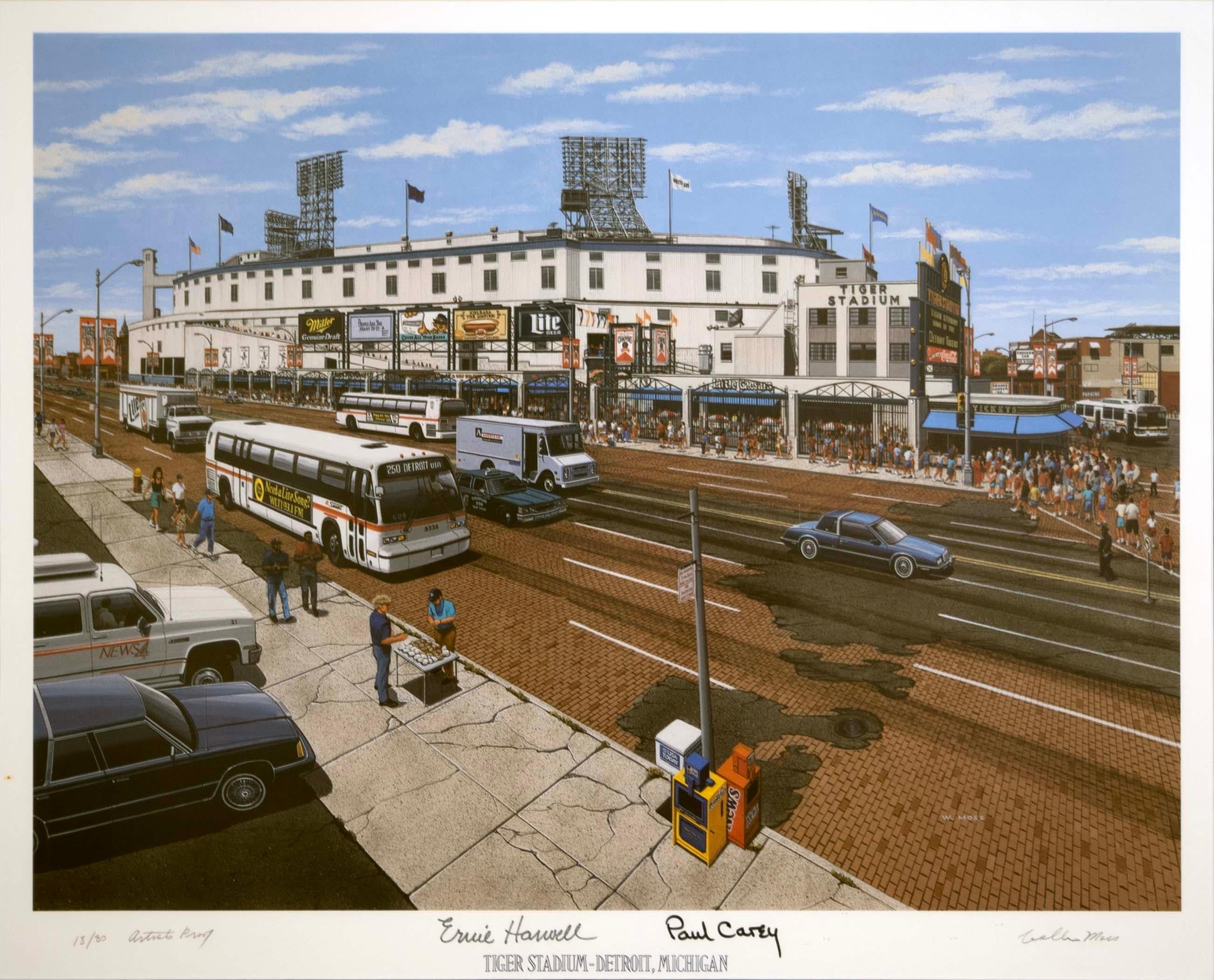 A nostalgic collector's item for Detroit baseball fans --; a vintage limited-edition lithograph by William Moss featuring Tiger Stadium. Previously known as Navin Field and Briggs Stadium, located in the Corktown neighborhood of Detroit, MI. The