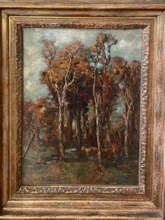 Scottish 19th century impressionist oil painting in autumn, Driving Cattle