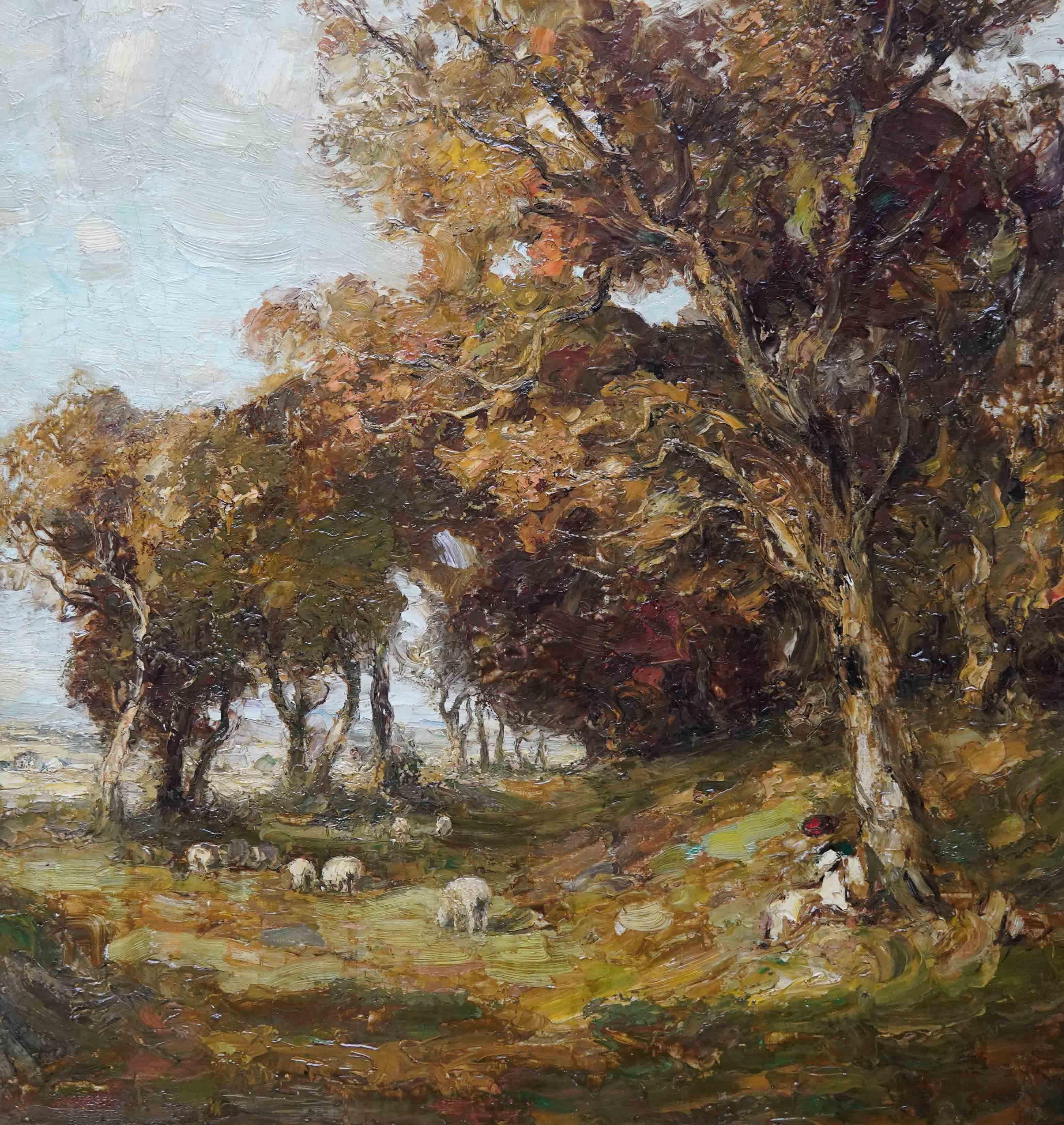 Landscape with Sheep - Scottish 19th century Kirkcudbright art oil painting  - Impressionist Painting by William Mouncey