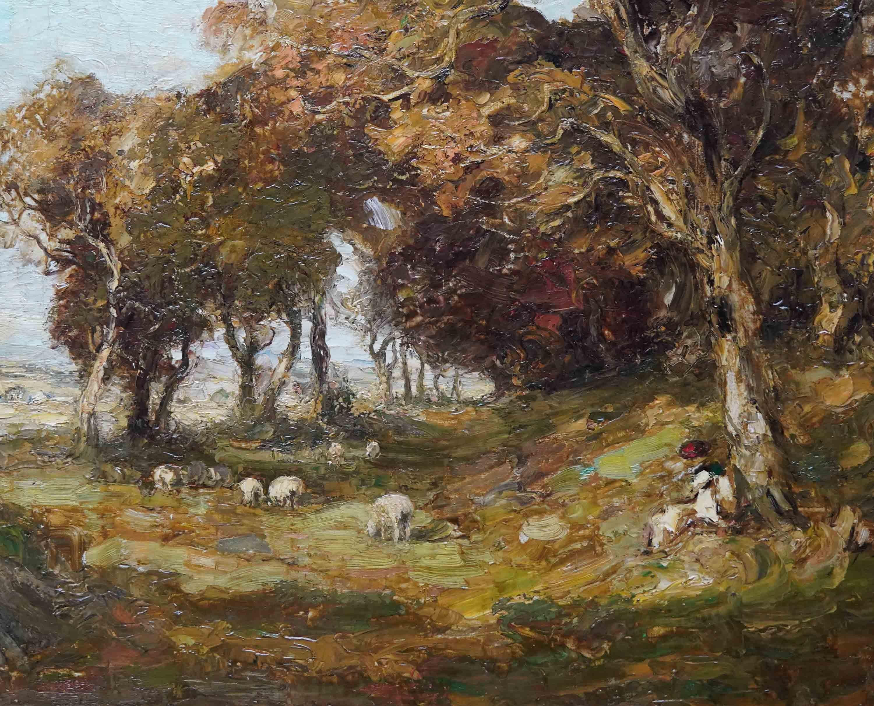 Dieses schöne schottische Ölgemälde im viktorianischen Impressionismus stammt vom bekannten Kirkcudbright-Künstler William Mouncey. Es wurde um 1890 gemalt und zeigt eine Landschaft mit einem Hirten und seiner Herde unter Bäumen. Es gibt eine