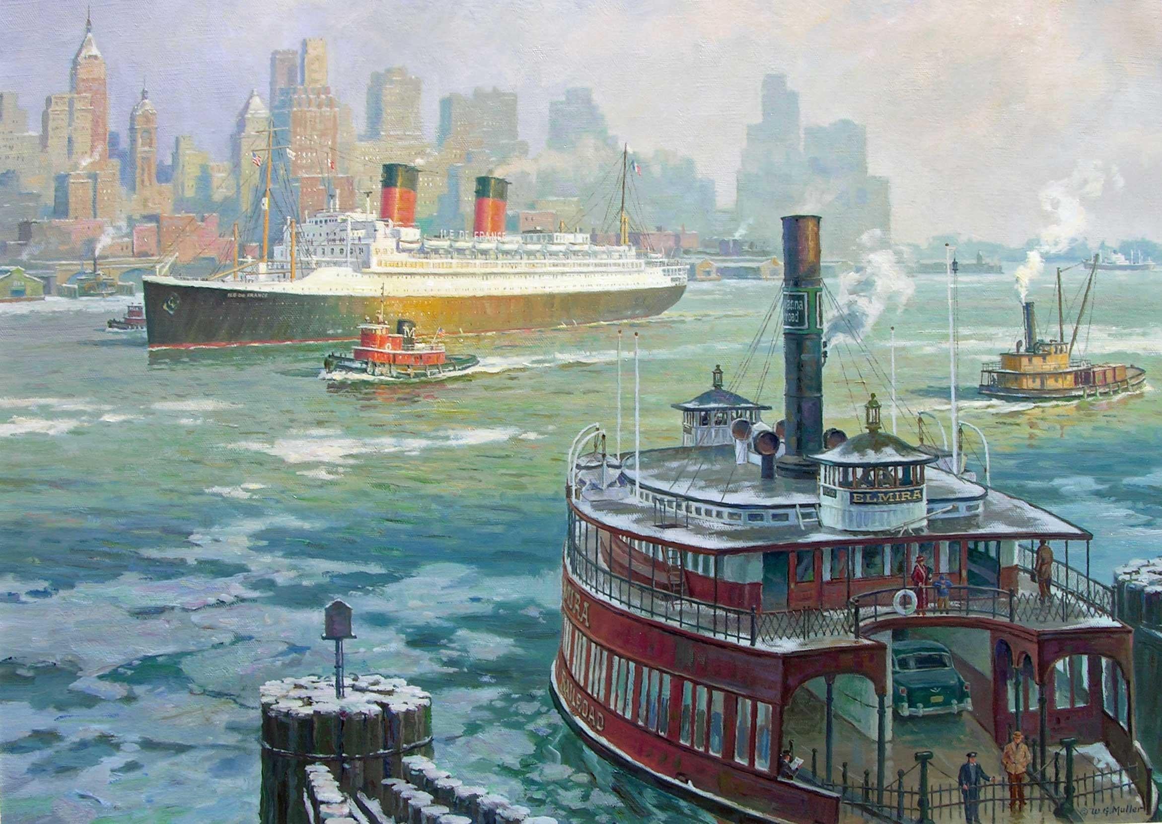 William Muller Landscape Painting – Ile De France in New Yorker Hafen, 1955