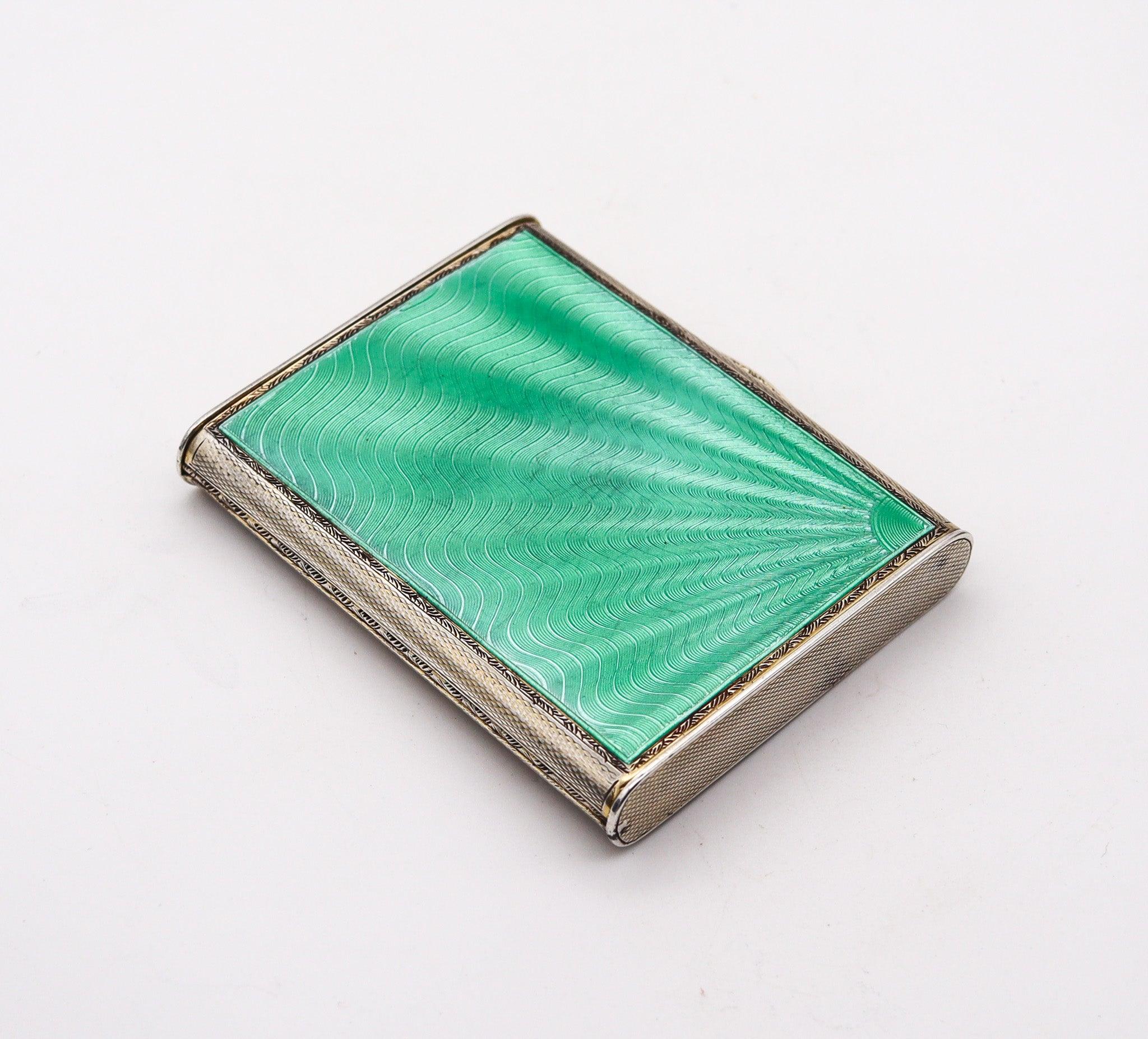 Art Deco WILLIAM NEAL 1931 Birmingham Guilloche Green Enamel Box In .925 Sterling
