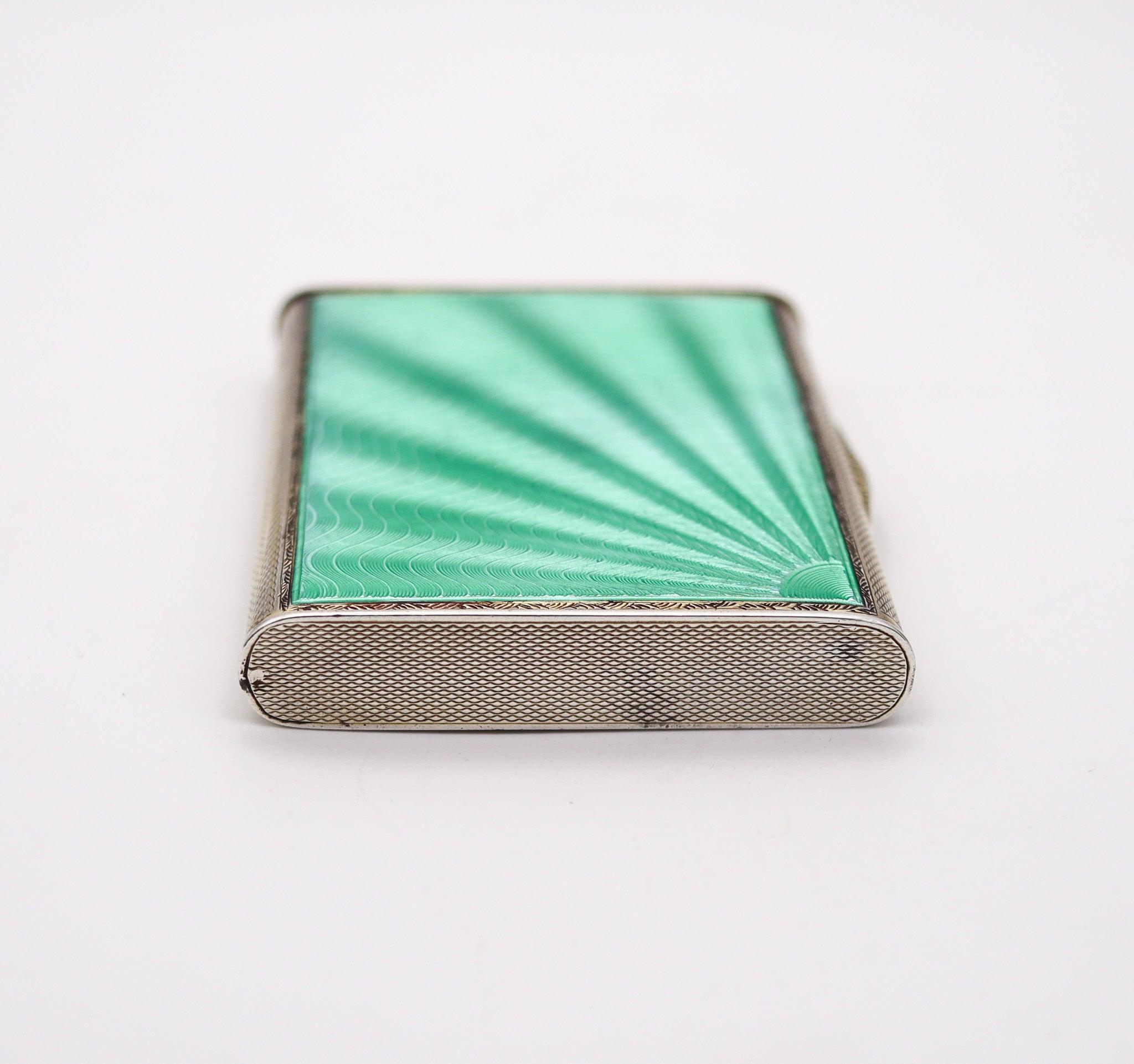 English WILLIAM NEAL 1931 Birmingham Guilloche Green Enamel Box In .925 Sterling