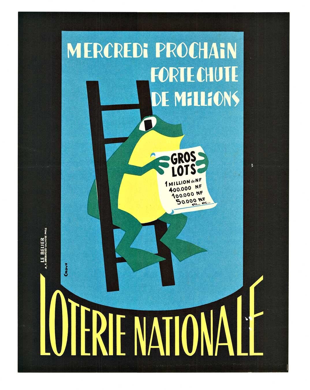 Poster francese d'epoca originale della Loterie Nationale.   Mercredi prochain forte chute de millions. Loterie Nationale.   (Mercoledì prossimo, un grande calo di milioni.
Con supporto professionale in lino e pronto per essere incorniciato.   Grado