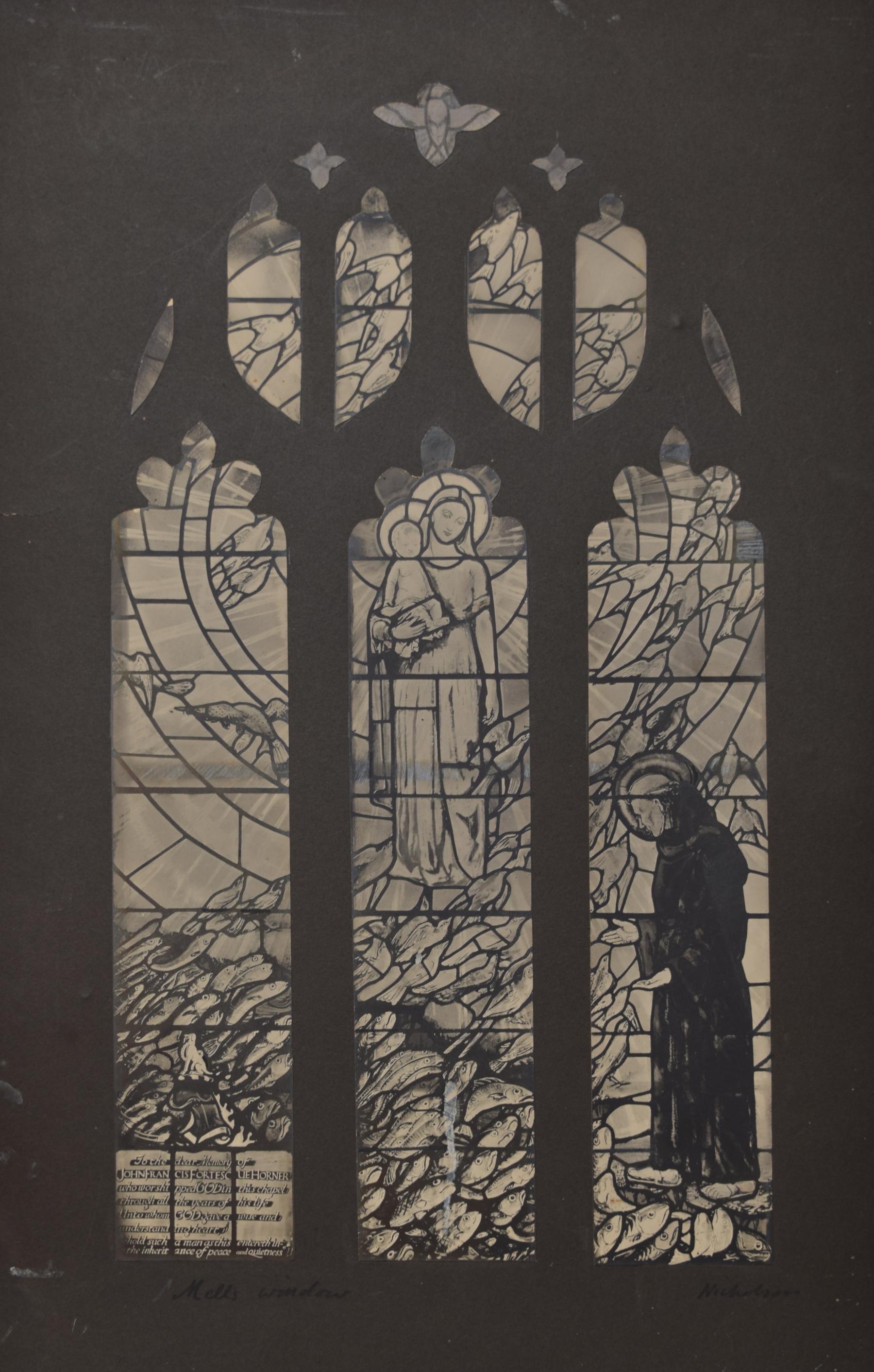 To see more stained glass designs, scroll down to "More from this Seller" and below it click on "See all from this Seller." 

William Nicholson (1872 - 1949)
Mells Window
Photographic collage
57 x 33 cm

Titled below and signed lower right in