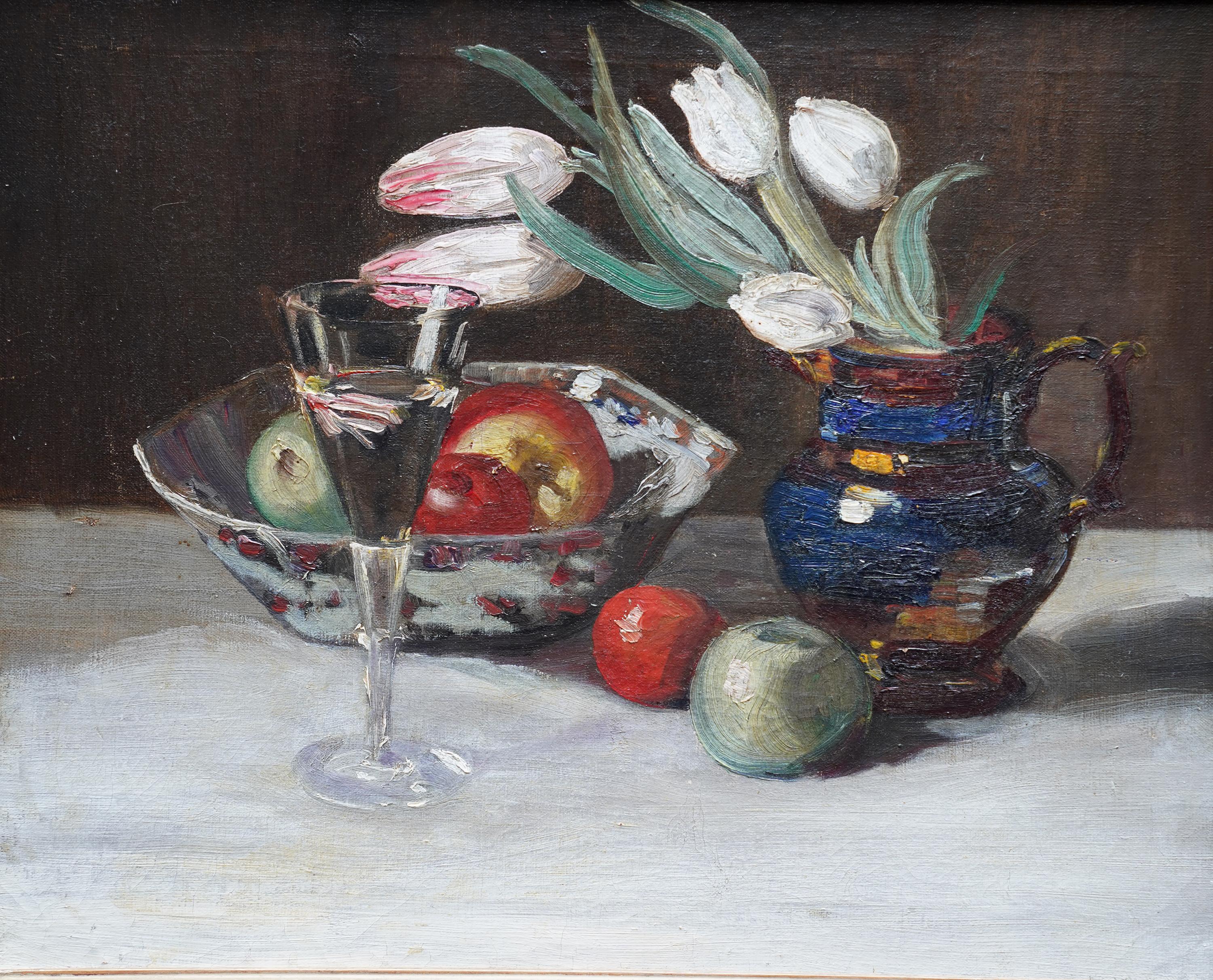 Still Life of Tulips and Fruit - British 1920's art floral oil flowers For Sale 5