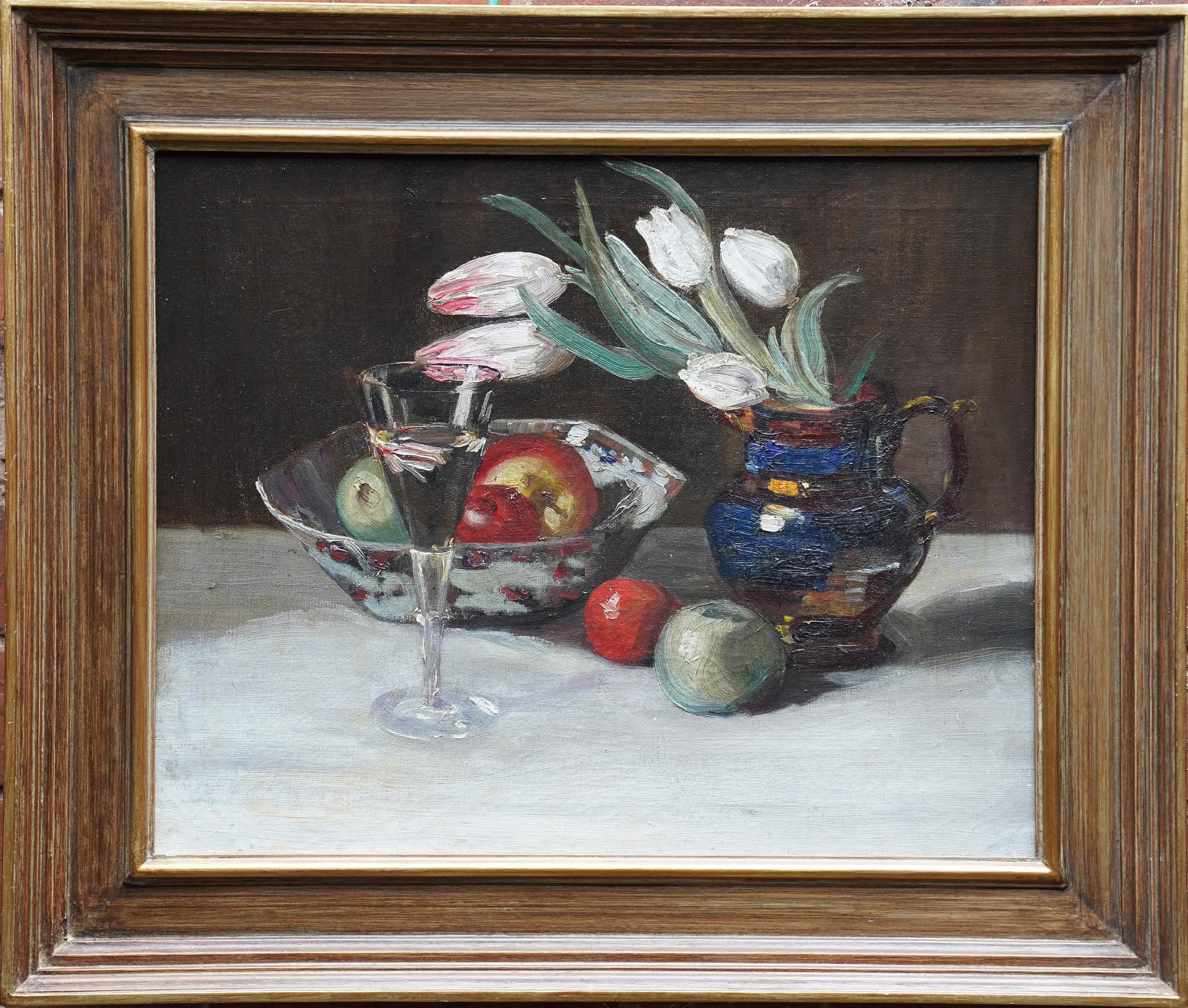 Still Life of Tulips and Fruit - British 1920's art floral oil flowers For Sale 4