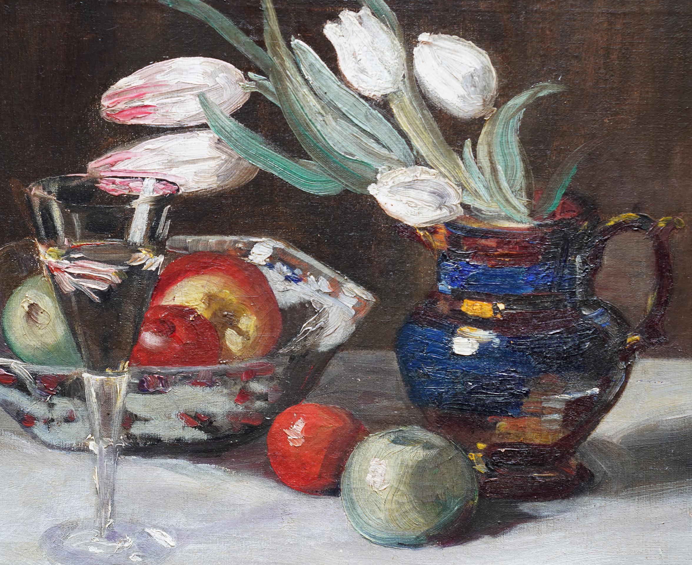 Still Life of Tulips and Fruit - British 1920's art floral oil flowers - Realist Painting by William Nicholson