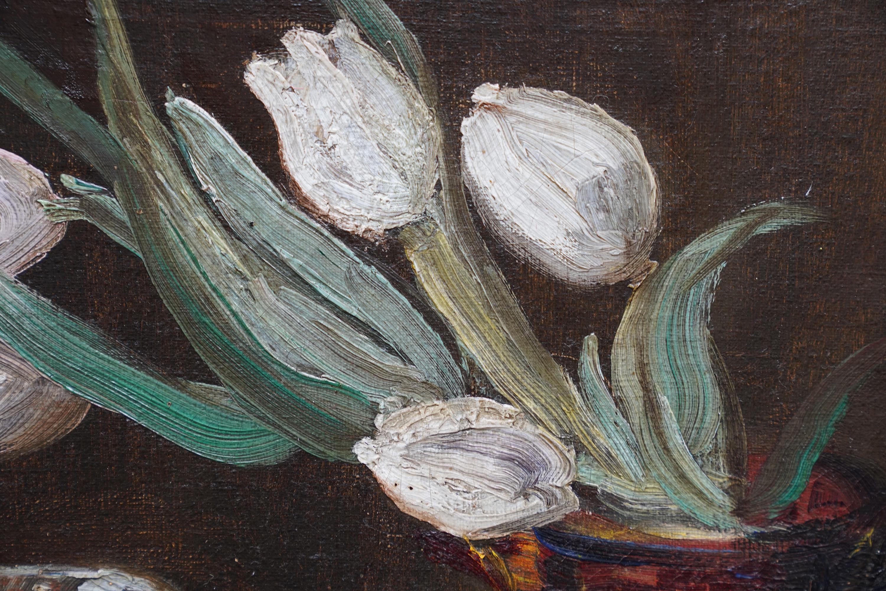Still Life of Tulips and Fruit - British 1920's art floral oil flowers - Realist Painting by William Nicholson