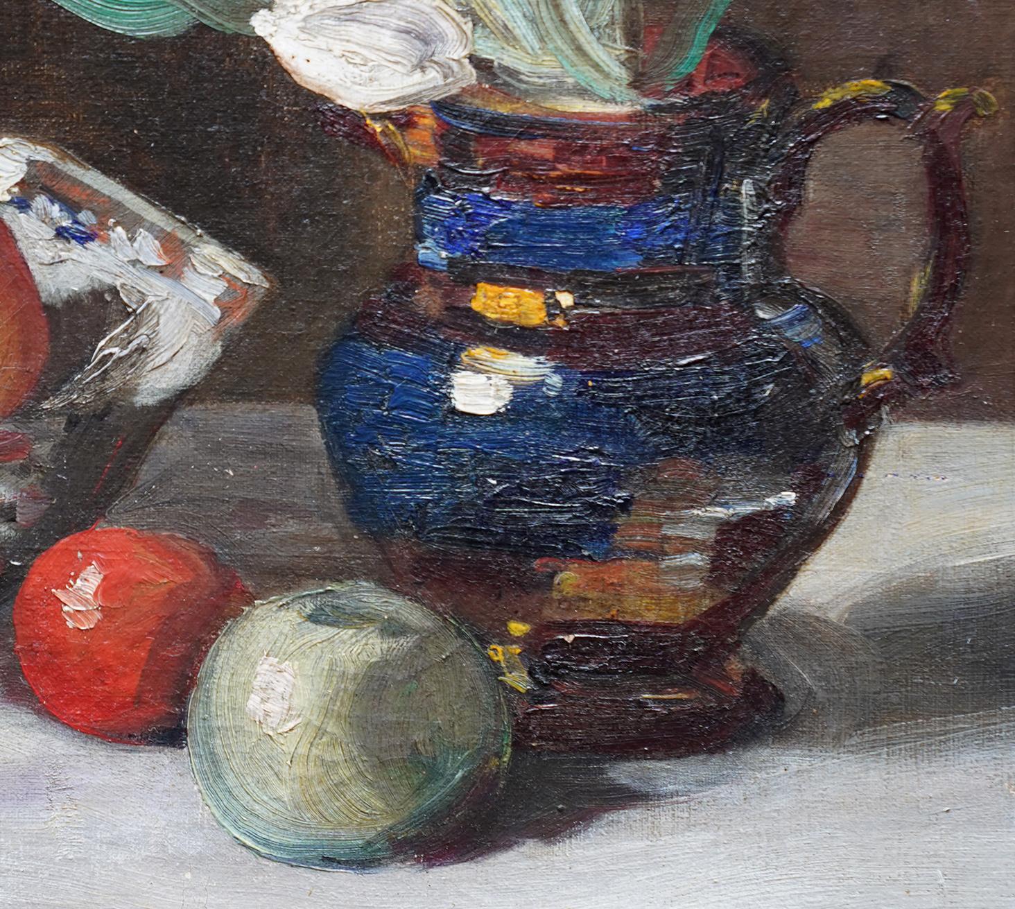 This superb British still life oil painting is attributed to circle of William Nicholson. Painted circa 1920 it is a really lush and vibrant composition of white tulips in a blue jug on a table beside fruit and an ornate glass. There is a wonderful