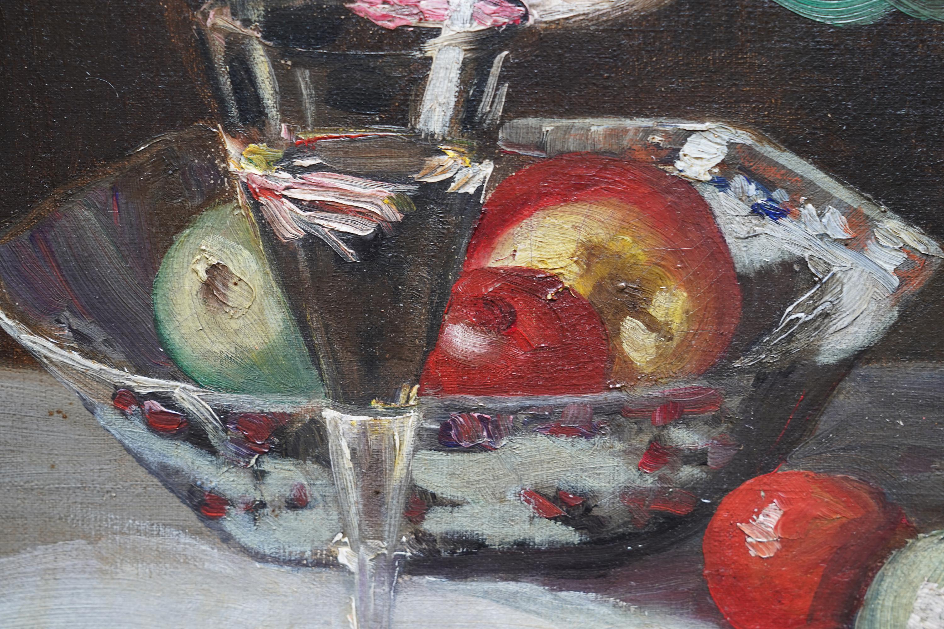 Still Life of Tulips and Fruit - British 1920's art floral oil flowers For Sale 1