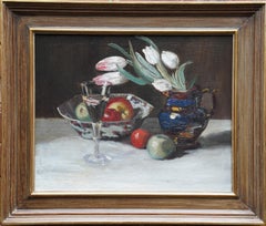 Antique Still Life of Tulips and Fruit - British 1920's art floral oil flowers