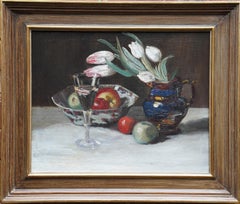 Nature morte de tulipes et de fruits - Fleurs à l'huile d'art britanniques des années 1920