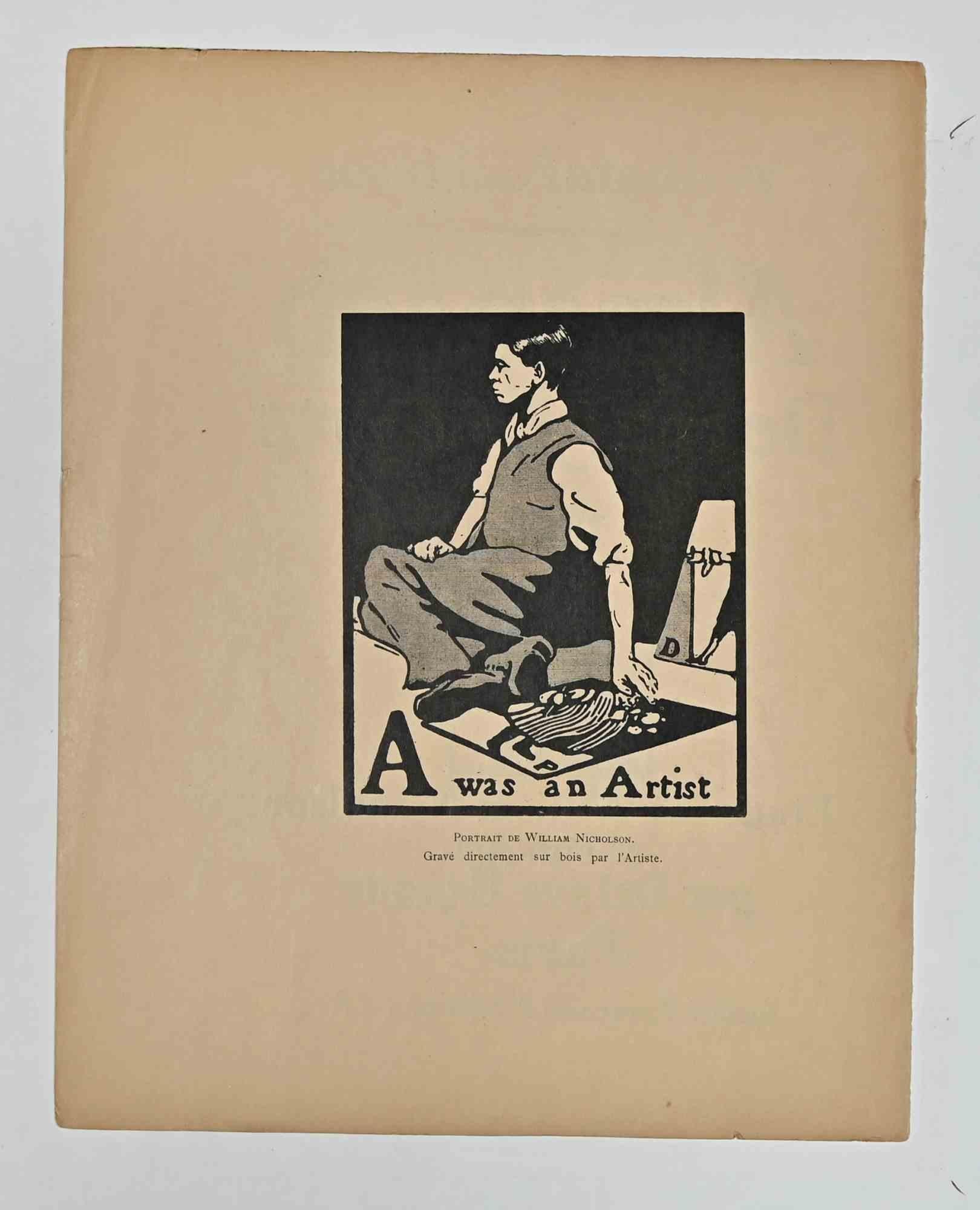 A was an Artist ist ein Holzstich des Künstlers William Nicholson aus dem Jahr 1898

Mit dem Titel " A was an Artist - Portrait de William Nicholson " unten in der Mitte des Bildes. Die Rückseite gehört zu der Serie "Almanach". De douze sports",