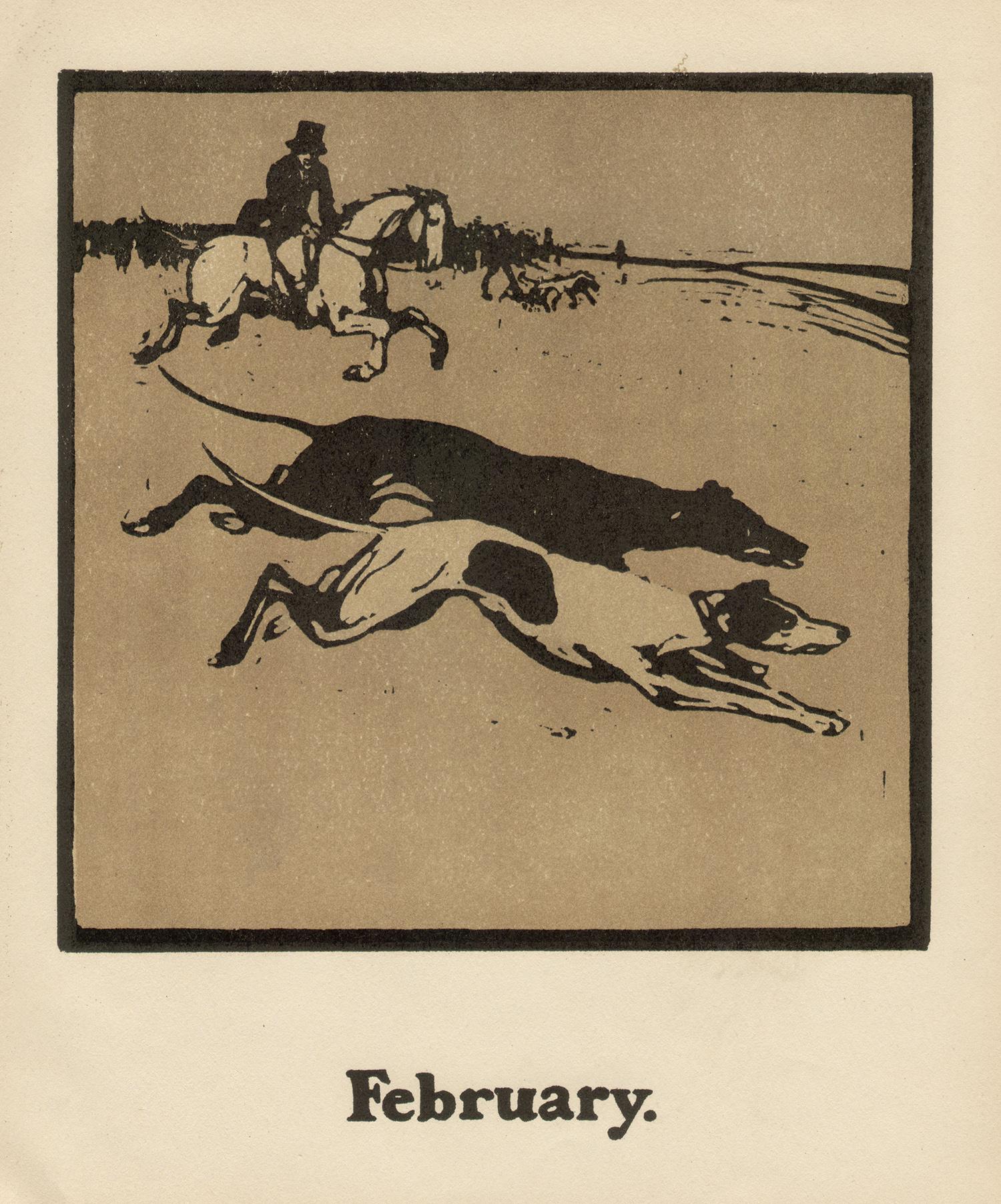Colour lithographic transfer from wood block.

William Nicholson was a famous British graphic artist who produced a series of months of the year illustrated by sports - 'An Almanac of Twelve sports'. 

310mm by 240mm (sheet) 195mm by 195mm (image)