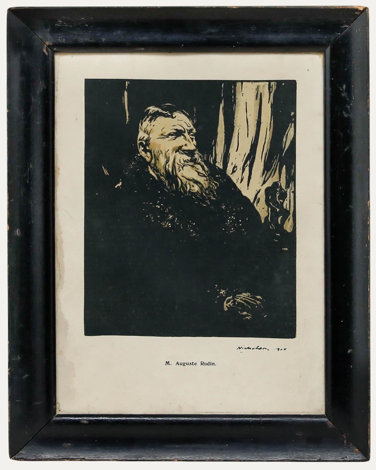 A bold portrait of Auguste Rodin (1840-1917) after an original woodblock print by Sir William Nicholson (1872-1949). Printed signature to the lower right. Presented in a vintage black frame. On paper.