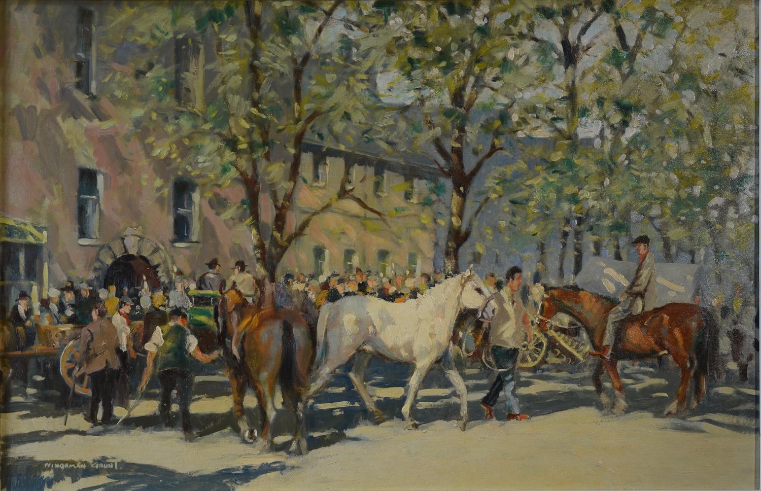 The Horse Fair at Appleby - Horses and Riders in street in dappled sunlight