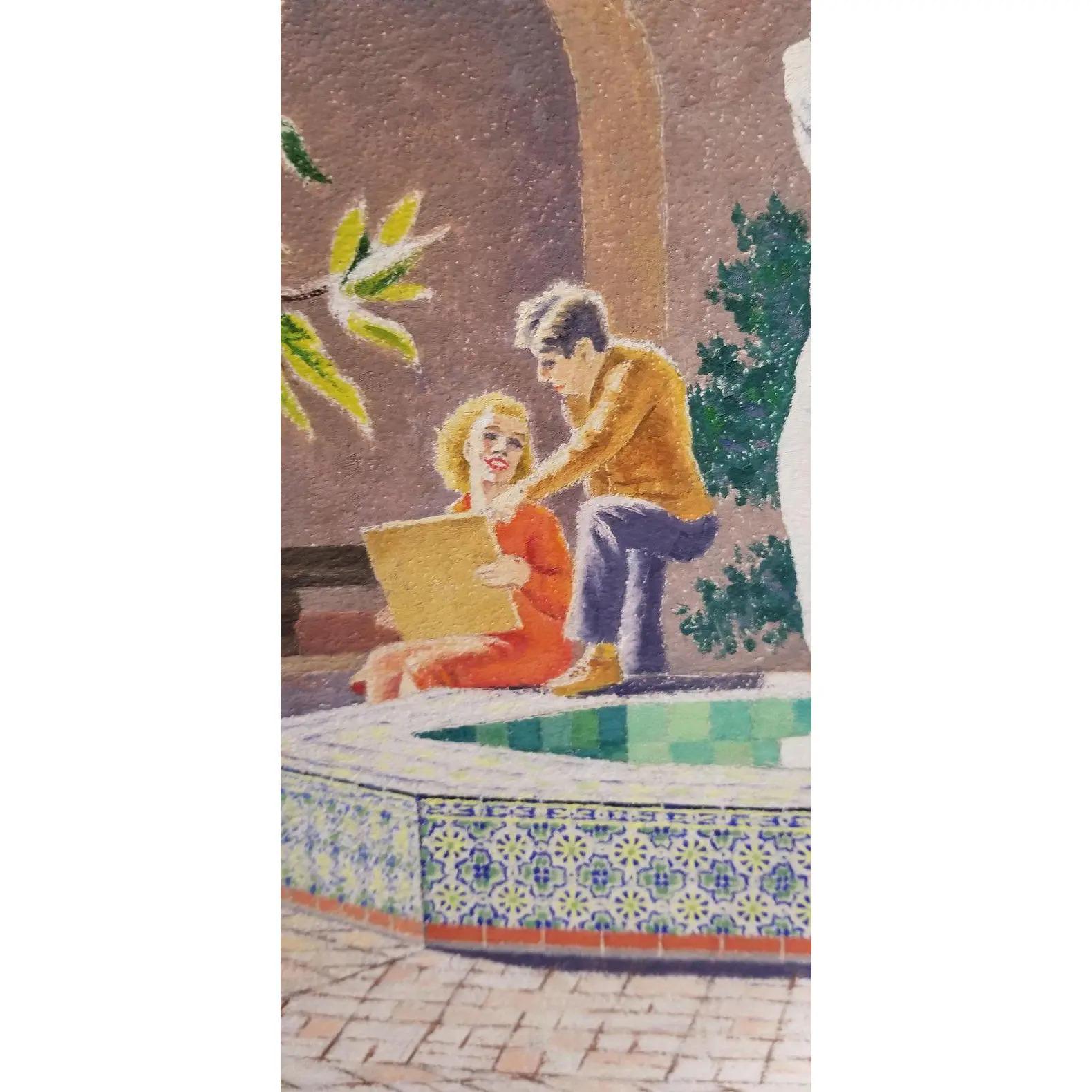 1950s painting depicting the California School of Fine Art in San Francisco in 1953. Dakin was a student of this school. Notice California Art Tile fountain, and figures discussing art in courtyard. Signed lower right. Unframed.

William Norris