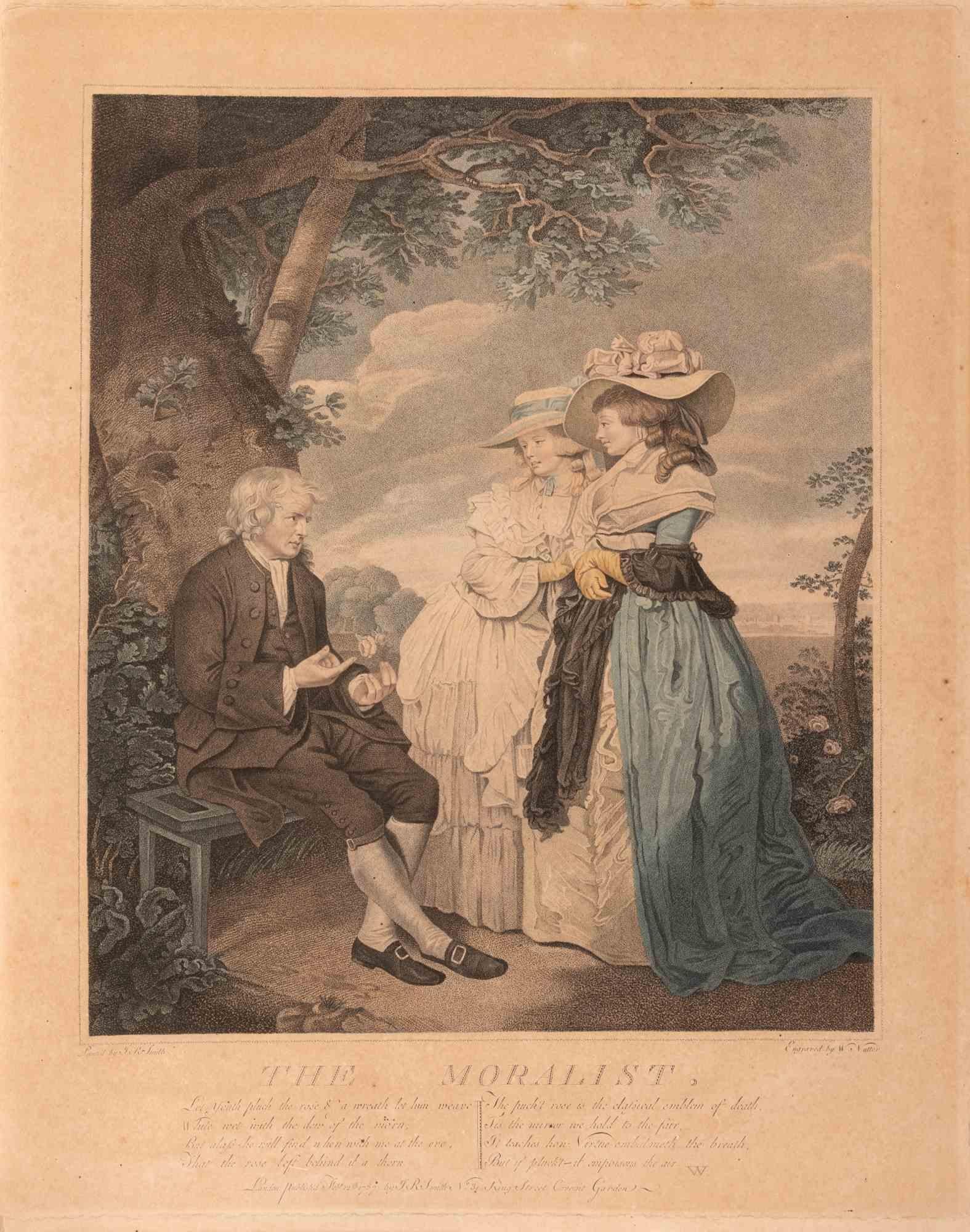 Mezzotinta y aguafuerte con coloreado a mano sobre papel realizado por William Nutter (1750-1802) según J.R. Smith.

No firmado, tal como se emitió.

Muy buen estado.

Un anciano clérigo o moralista, sentado bajo un árbol, gesticula seriamente